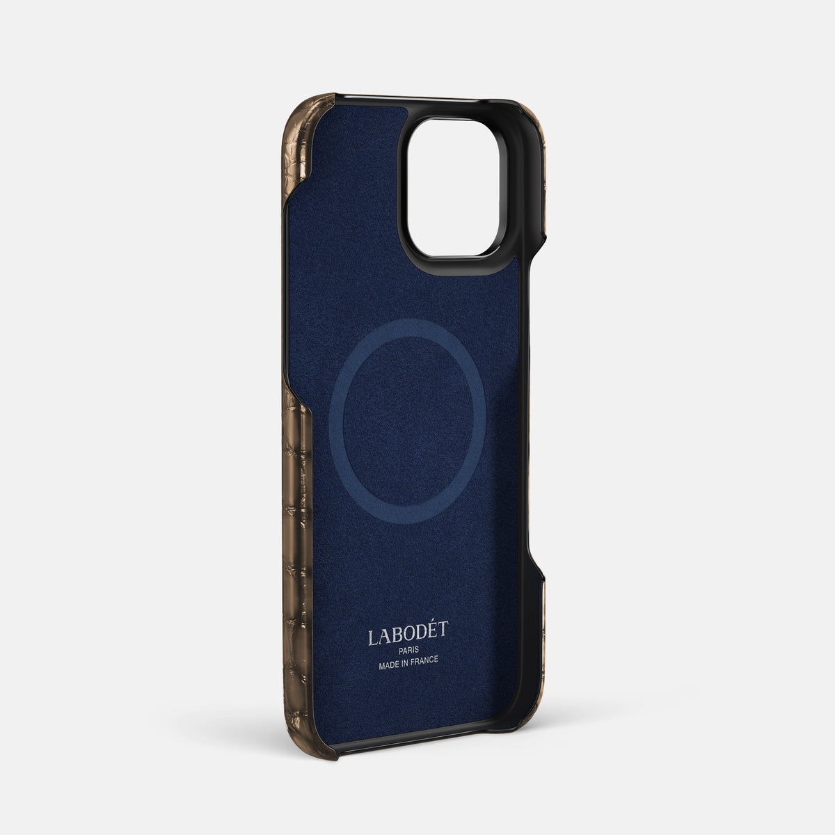 Etoupe iPhone 16 Pro Max Handle Case Patina Alligator with Black Metal -4 | Etoupe-Black