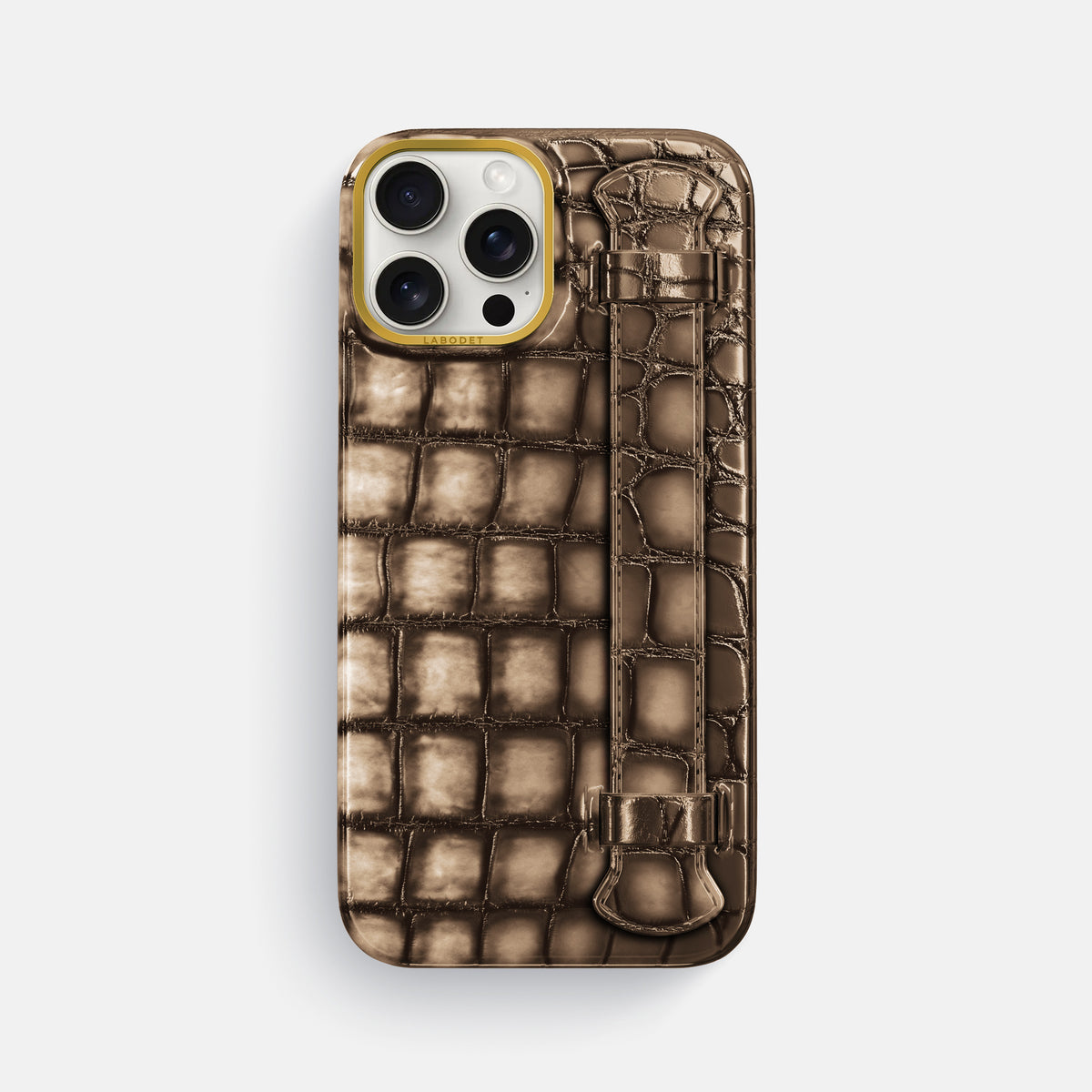 Etoupe iPhone 16 Pro Max Handle Case Patina Alligator with Gold Metal -1 | Etoupe-Gold