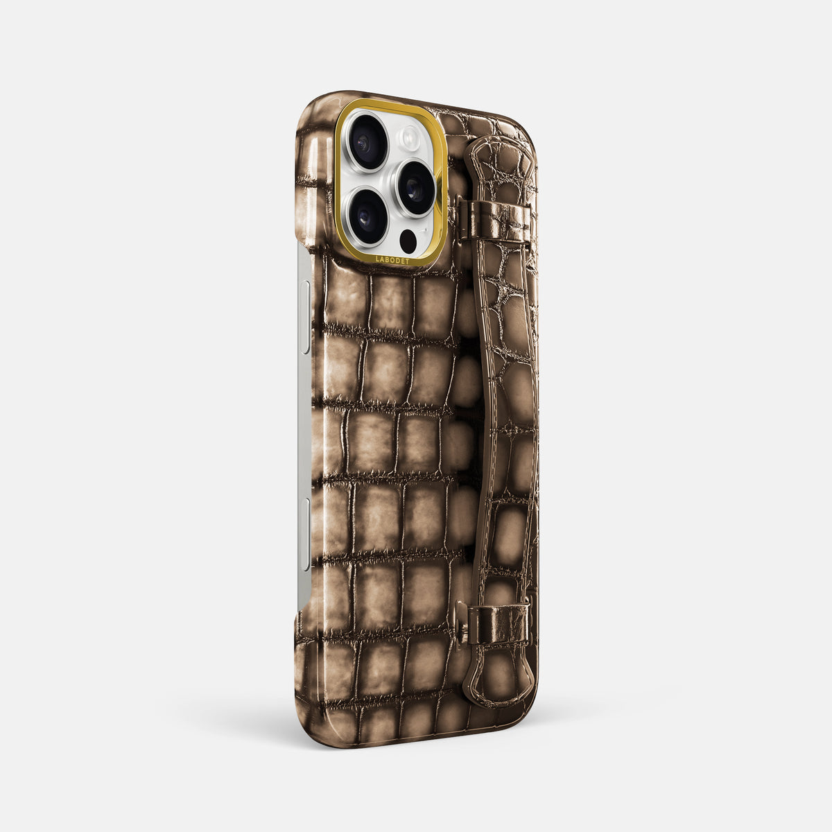 Etoupe iPhone 16 Pro Max Handle Case Patina Alligator with Gold Metal -2 | Etoupe-Gold