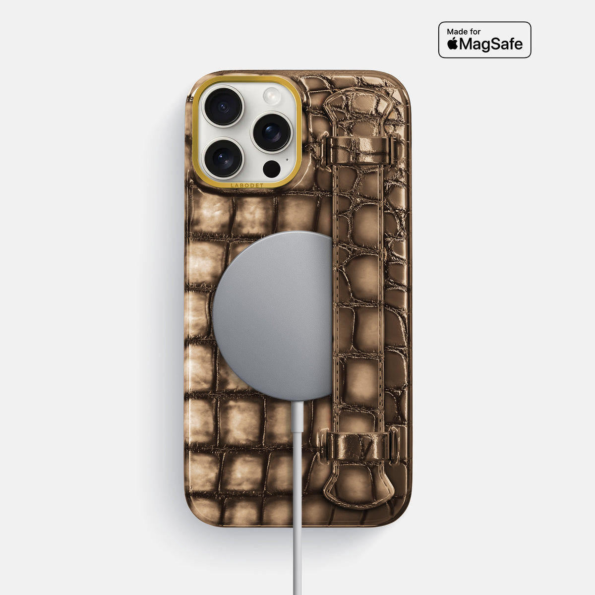 Etoupe iPhone 16 Pro Max Handle Case Patina Alligator with Gold Metal -5 | Etoupe-Gold