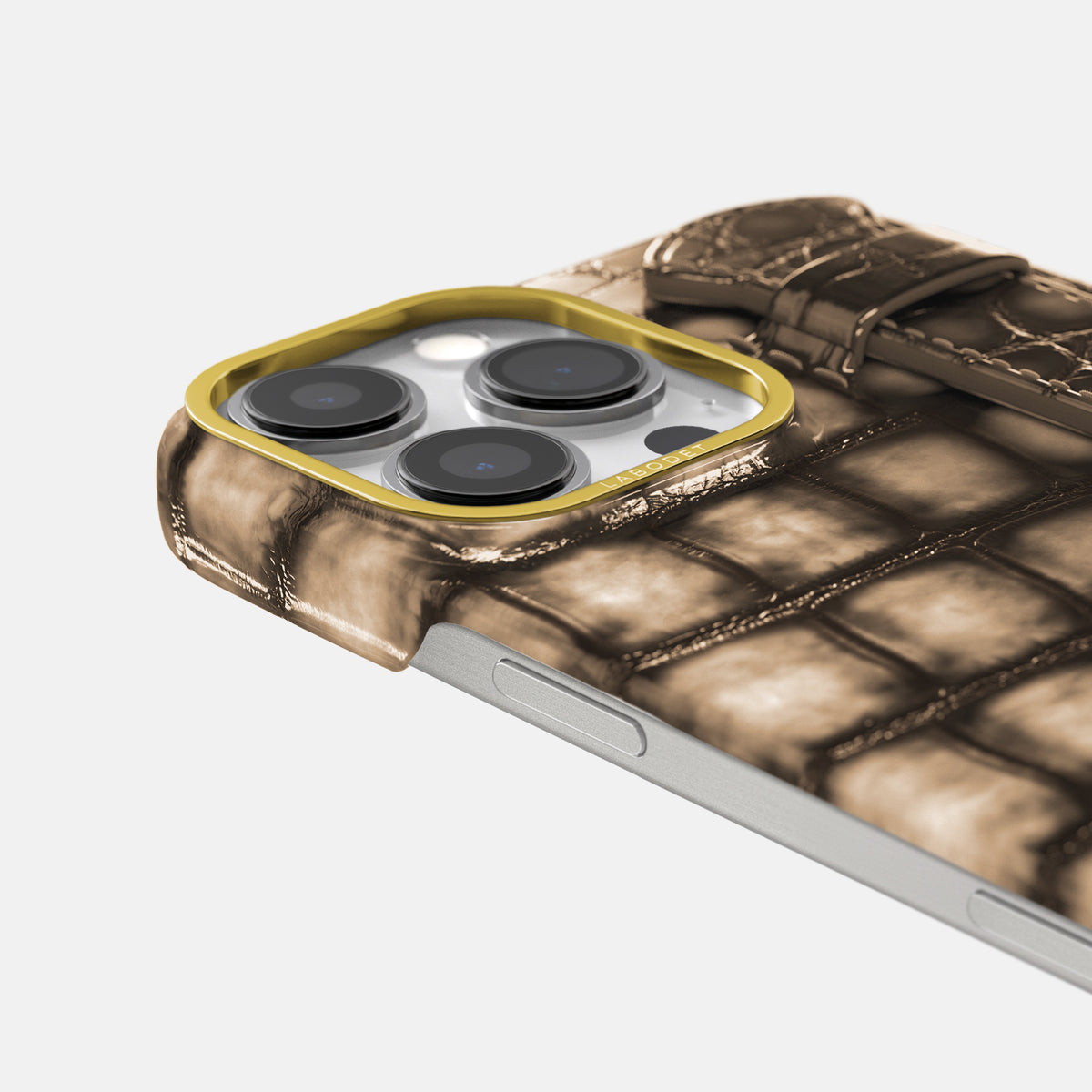 Etoupe iPhone 16 Pro Max Handle Case Patina Alligator with Gold Metal -6 | Etoupe-Gold