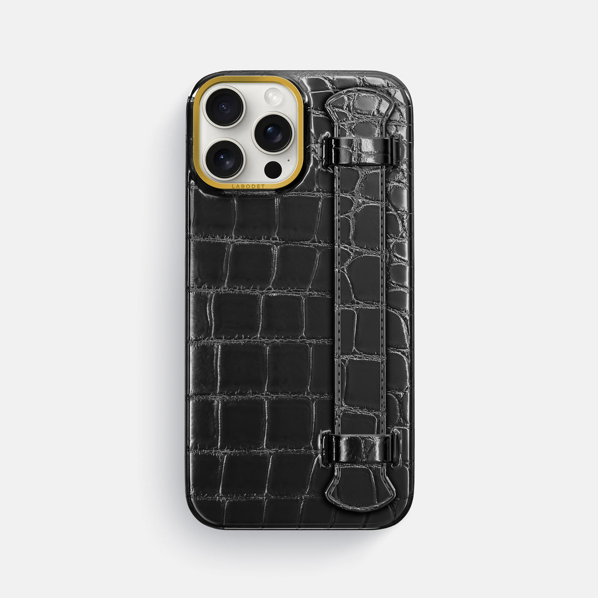 Havana-Black iPhone 16 Pro Max Handle Case Patina Alligator with Gold Metal -1 | Havana-Black-Gold