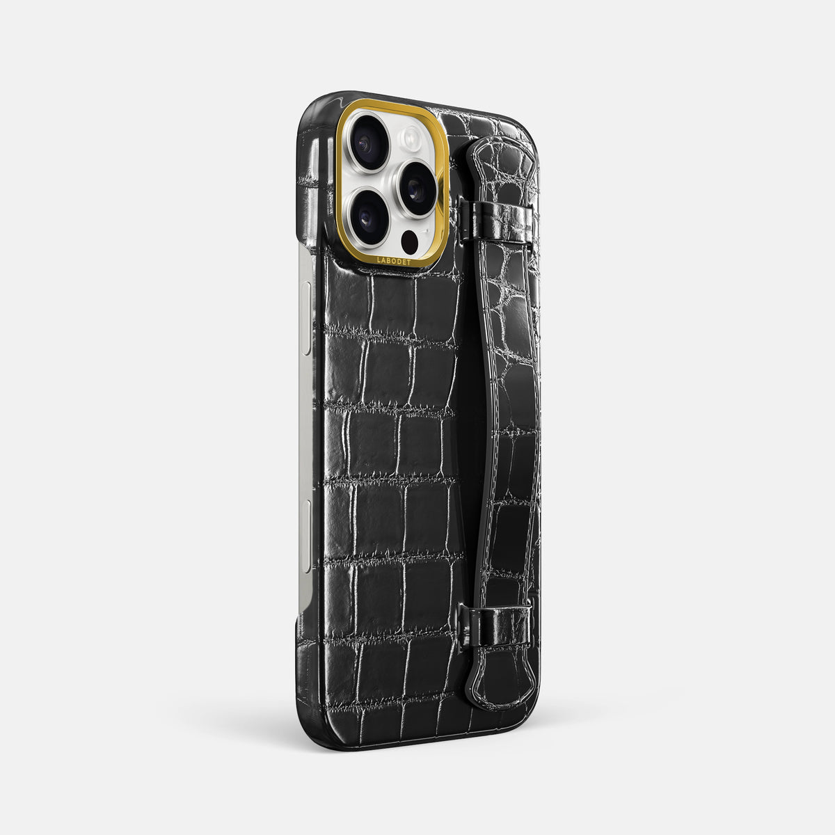 Havana-Black iPhone 16 Pro Max Handle Case Patina Alligator with Gold Metal -2 | Havana-Black-Gold