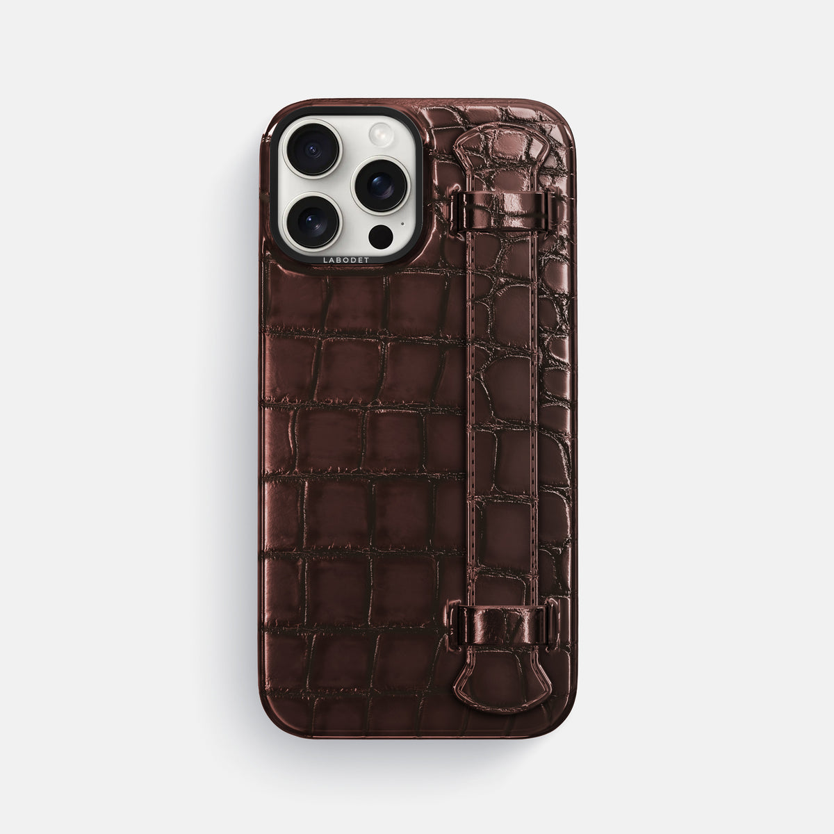 Grape-Wine iPhone 16 Pro Max Handle Case Patina Alligator with Black Metal -1 | Grape-Wine-Black
