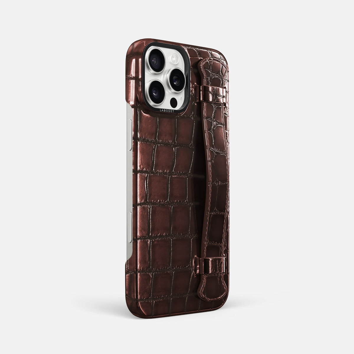 Grape-Wine iPhone 16 Pro Max Handle Case Patina Alligator with Black Metal -2 | Grape-Wine-Black