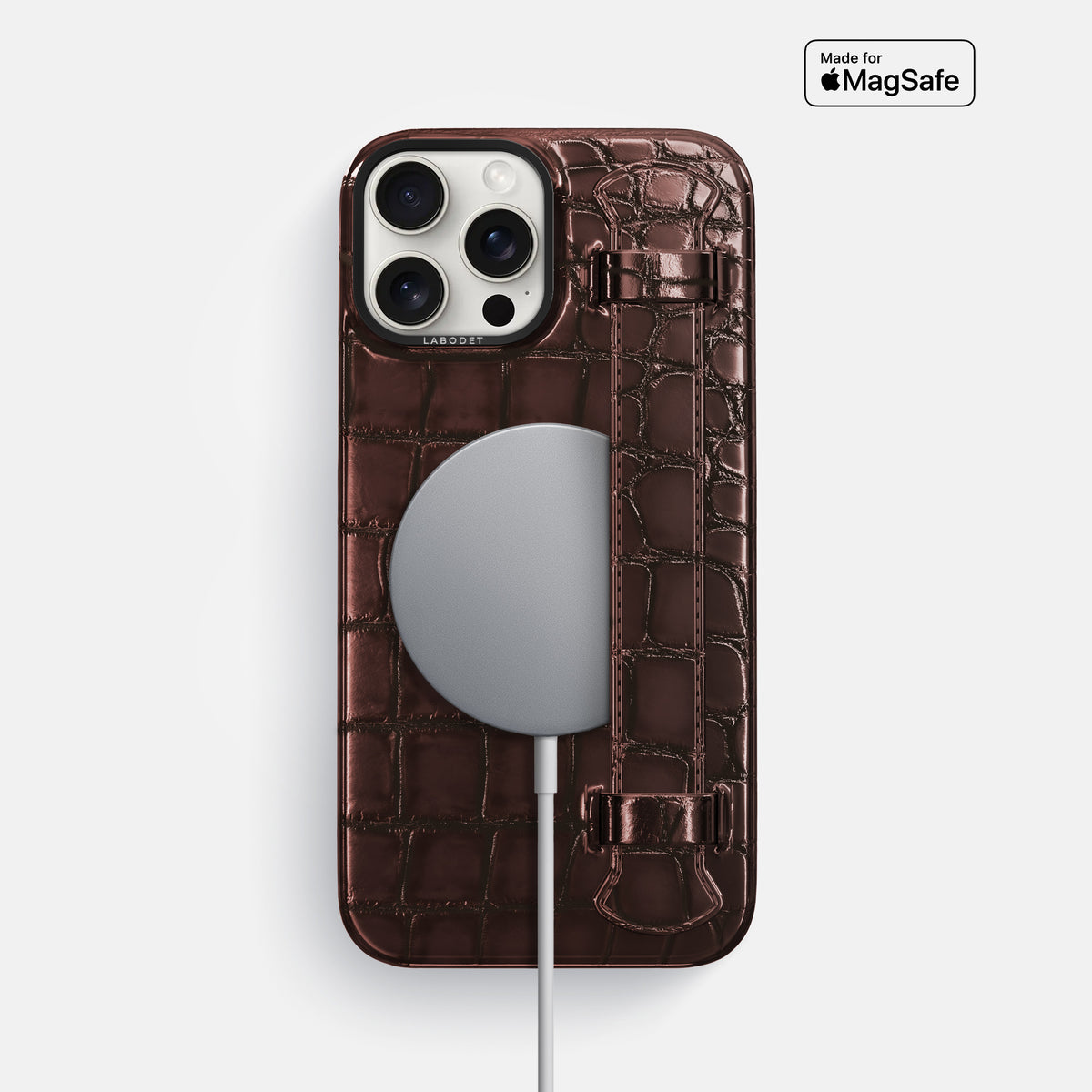 Grape-Wine iPhone 16 Pro Max Handle Case Patina Alligator with Black Metal -5 | Grape-Wine-Black
