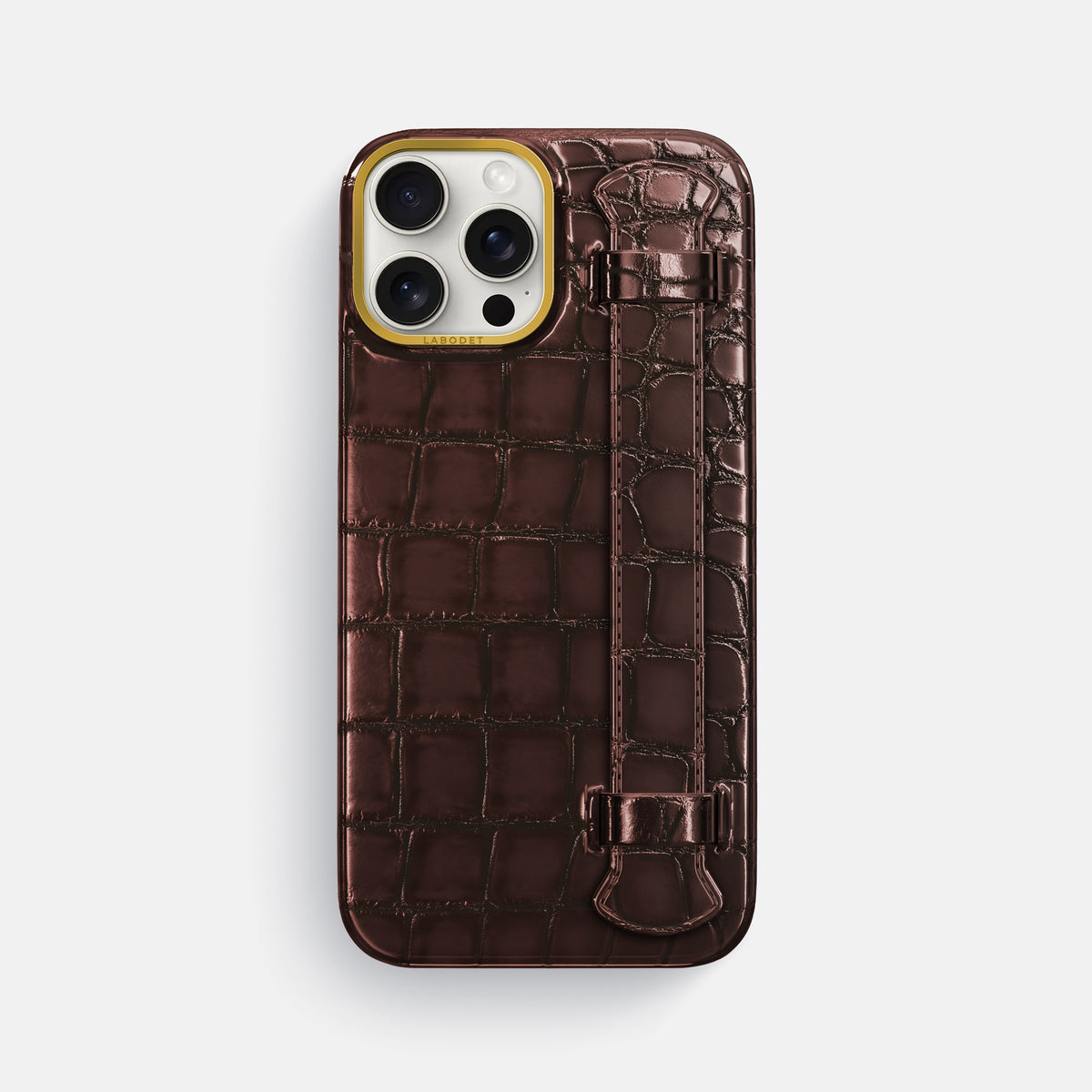 Grape-Wine iPhone 16 Pro Max Handle Case Patina Alligator with Gold Metal -1 | Grape-Wine-Gold