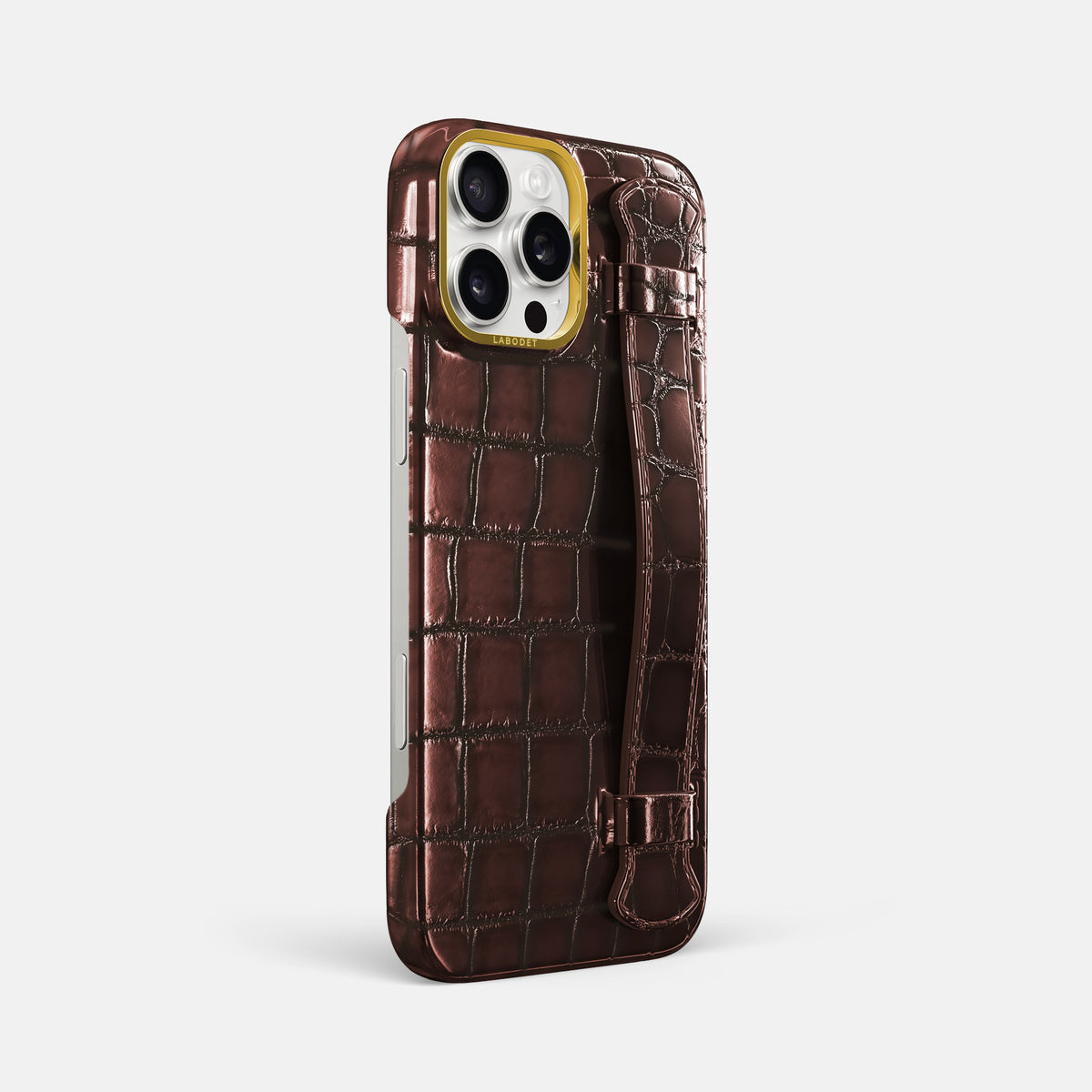 Grape-Wine iPhone 16 Pro Max Handle Case Patina Alligator with Gold Metal -2 | Grape-Wine-Gold