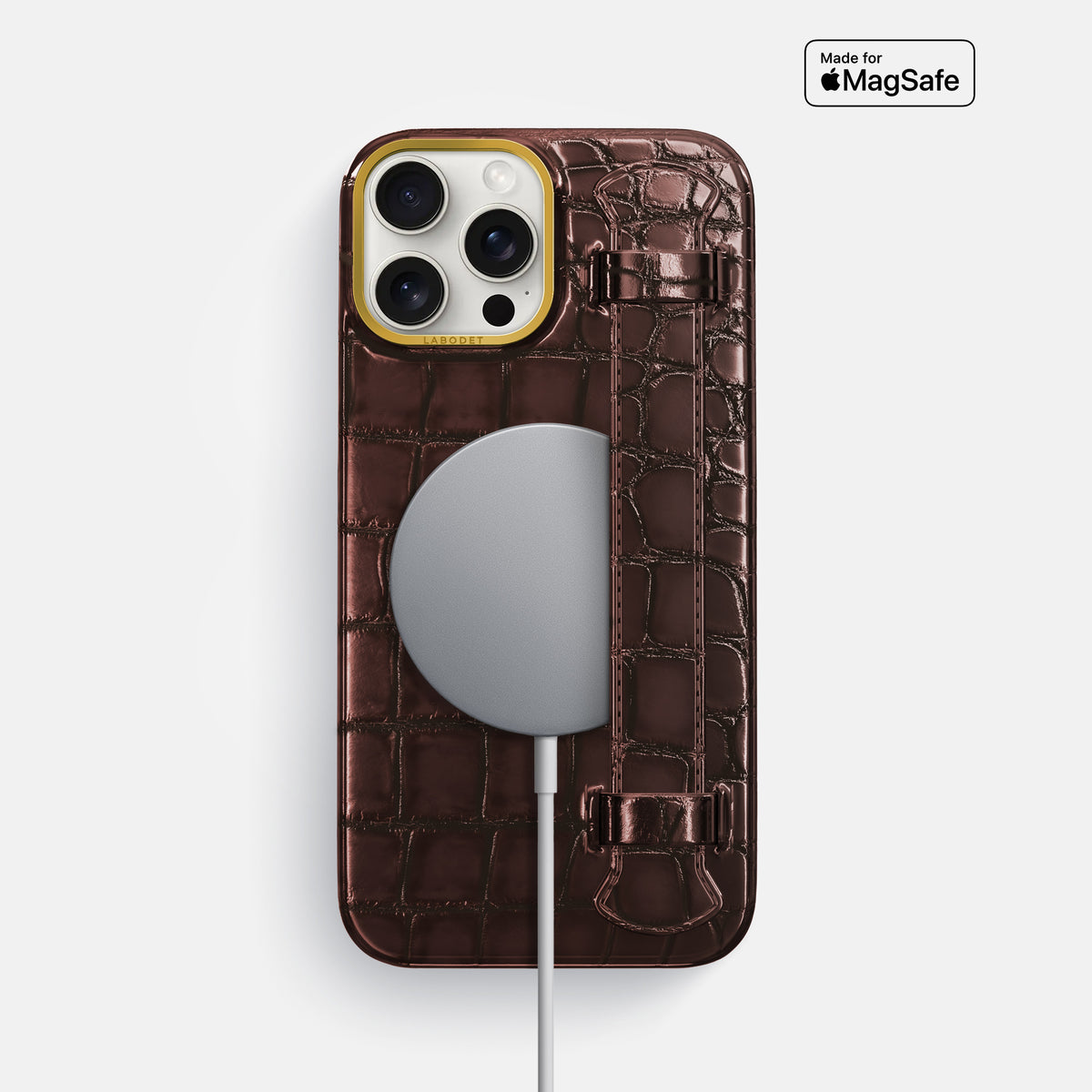 Grape-Wine iPhone 16 Pro Max Handle Case Patina Alligator with Gold Metal -5 | Grape-Wine-Gold
