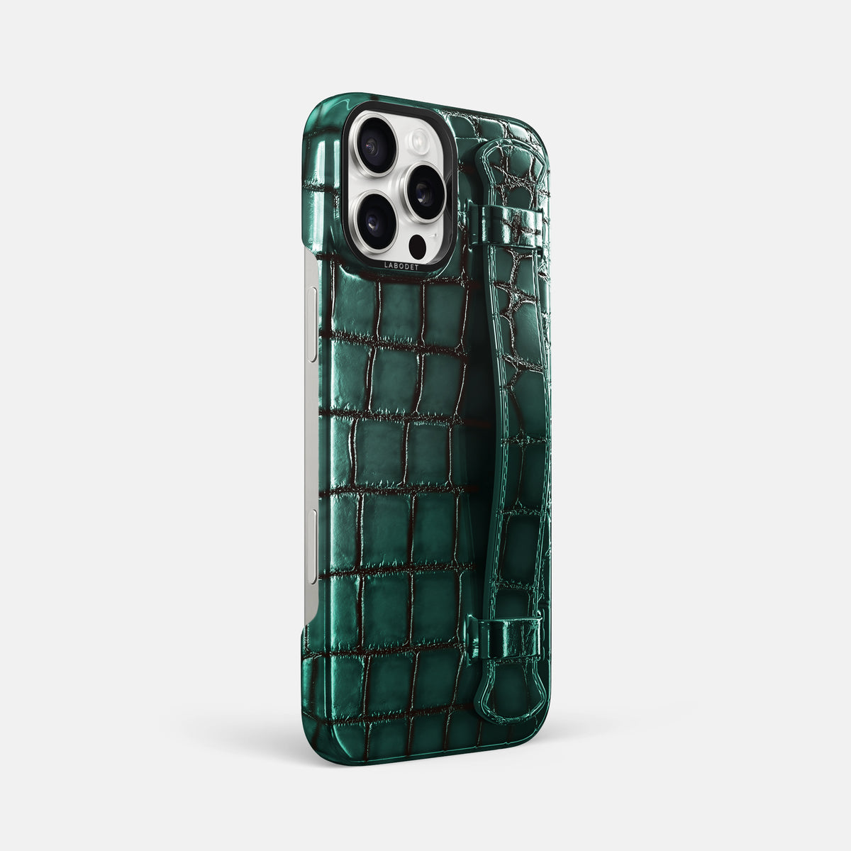 Green iPhone 16 Pro Max Handle Case Patina Alligator with Black Metal -2 | Green-Black