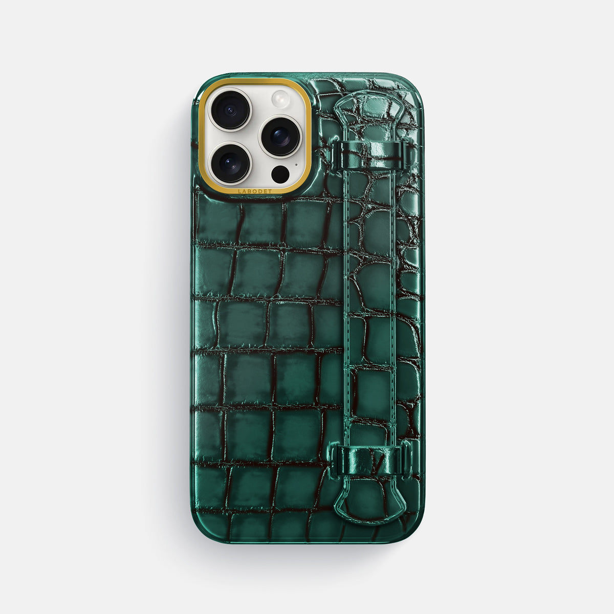 Green iPhone 16 Pro Max Handle Case Patina Alligator with Gold Metal -1 | Green-Gold