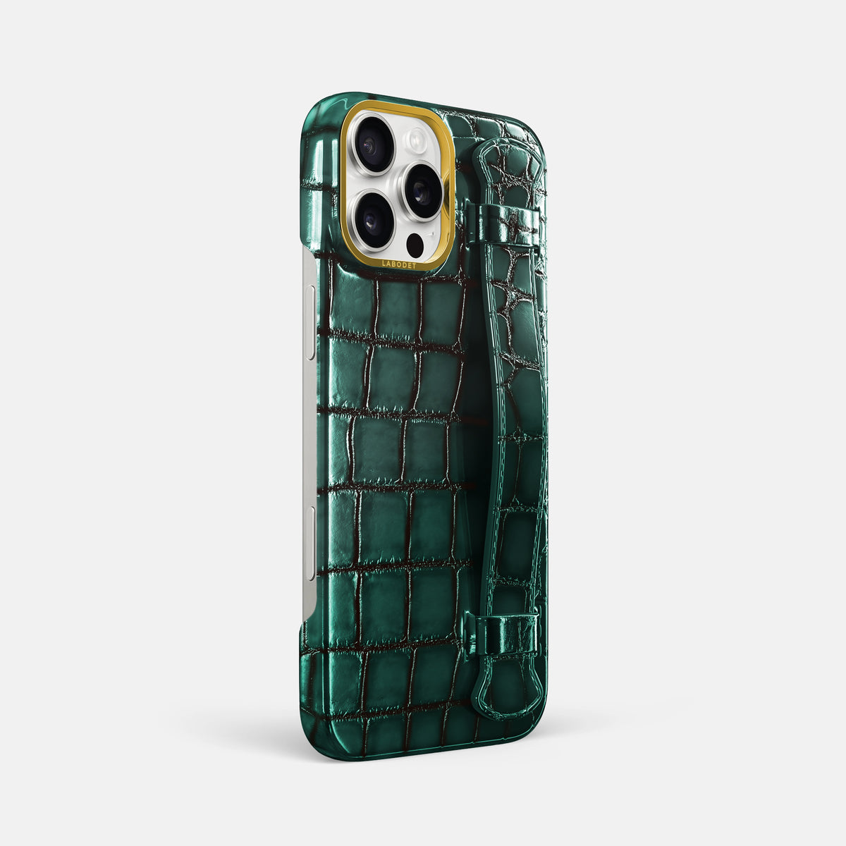 Green iPhone 16 Pro Max Handle Case Patina Alligator with Gold Metal -2 | Green-Gold