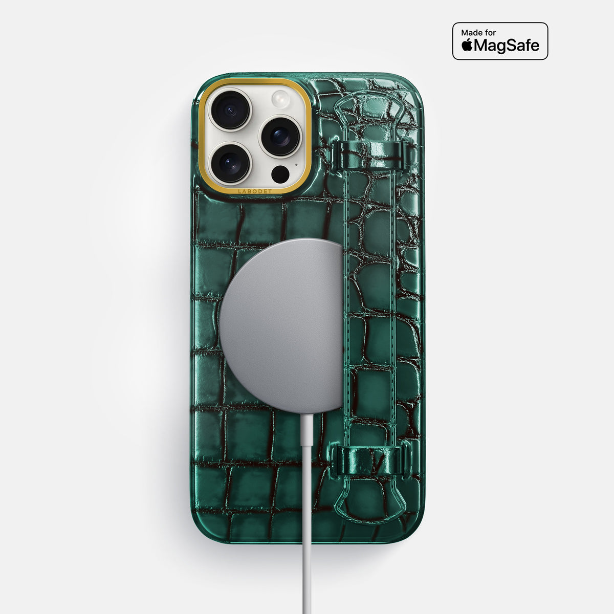 Green iPhone 16 Pro Max Handle Case Patina Alligator with Gold Metal -5 | Green-Gold