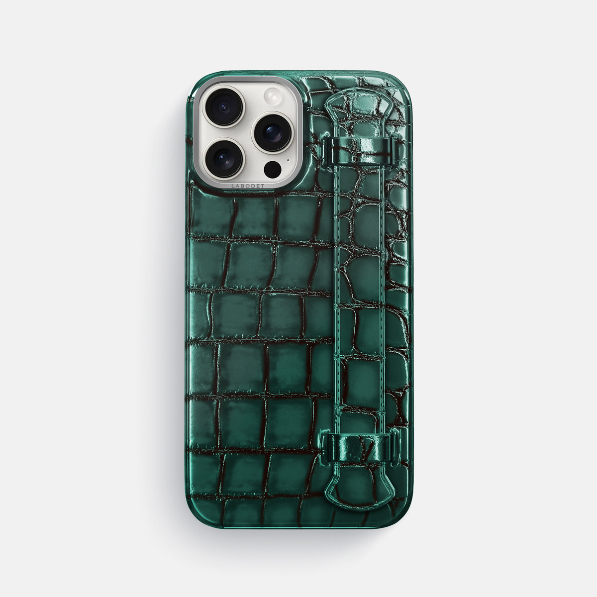 Green iPhone 16 Pro Max Handle Case Patina Alligator with Steel Metal -1 | Green-Steel