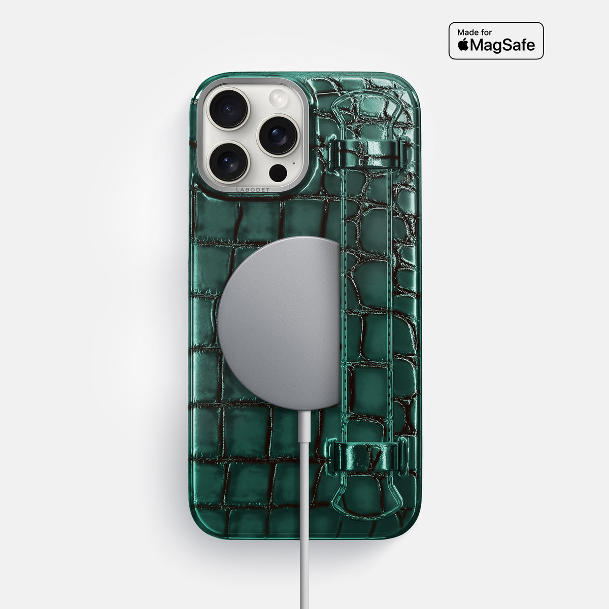 Green iPhone 16 Pro Max Handle Case Patina Alligator with Steel Metal -5 | Green-Steel