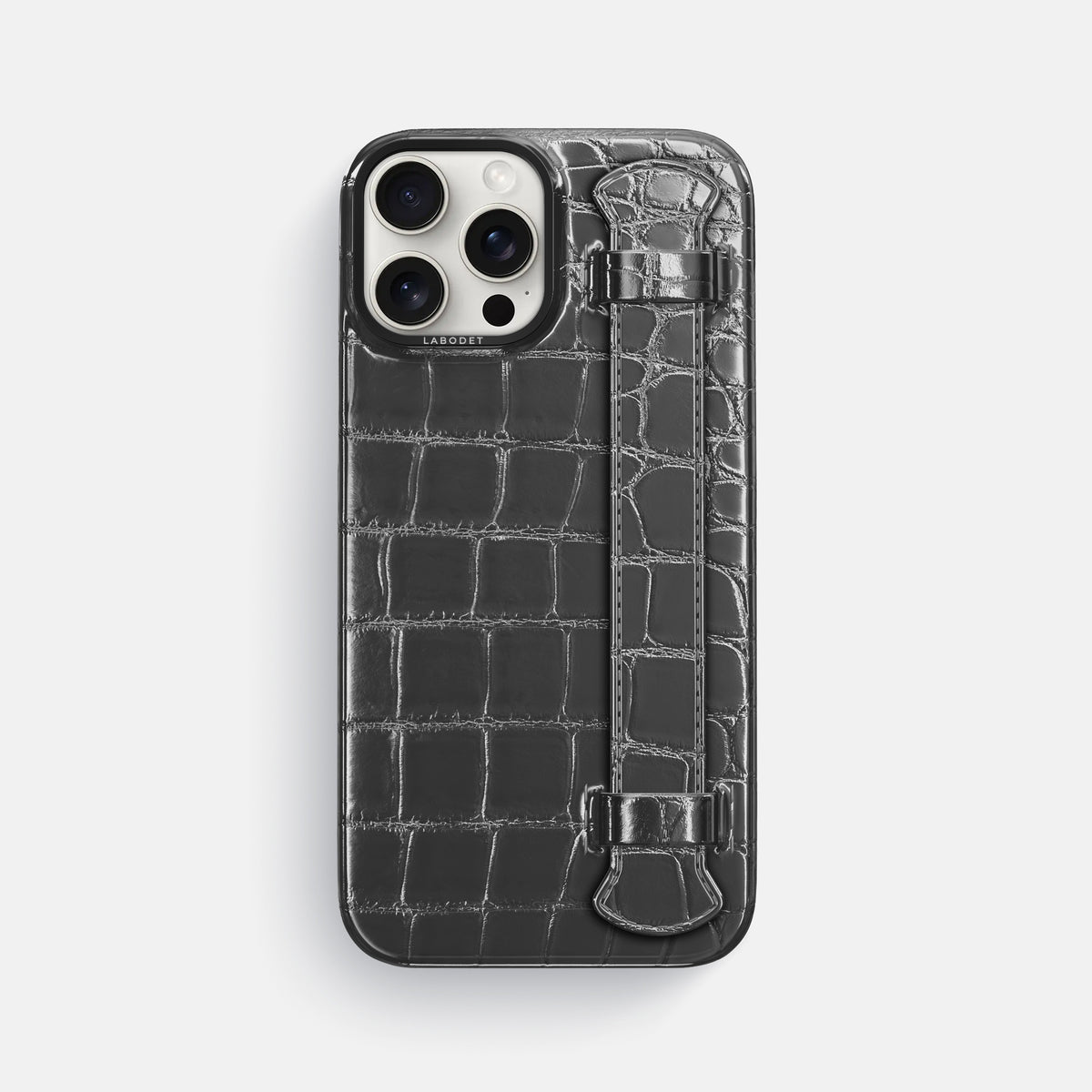 Grey iPhone 16 Pro Max Handle Case Patina Alligator with Black Metal -1 | Grey-Black