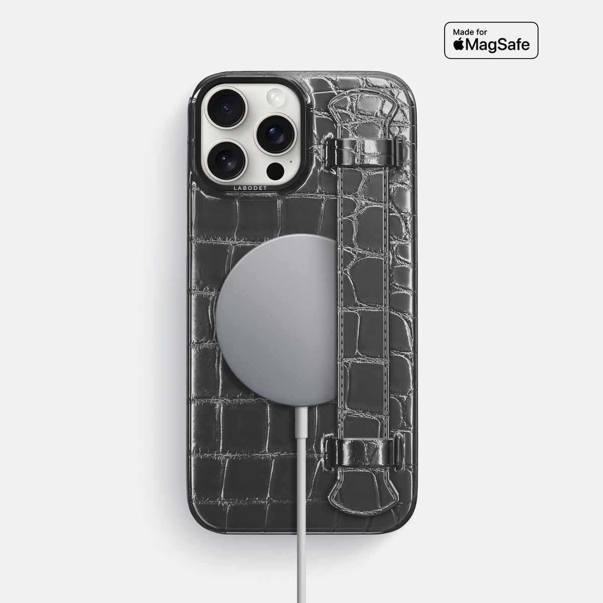 Grey iPhone 16 Pro Max Handle Case Patina Alligator with Black Metal -5 | Grey-Black