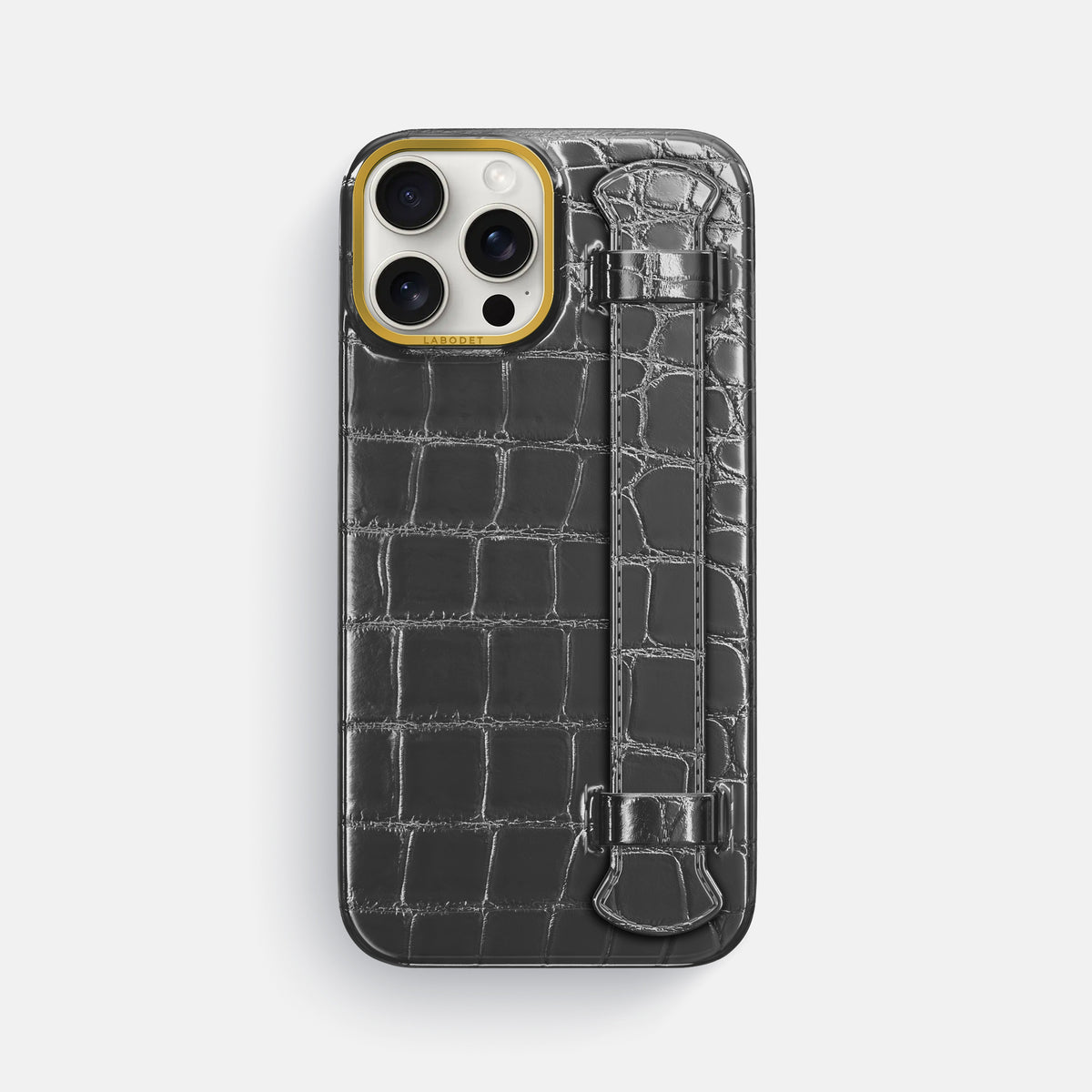 Grey iPhone 16 Pro Max Handle Case Patina Alligator with Gold Metal -1 | Grey-Gold