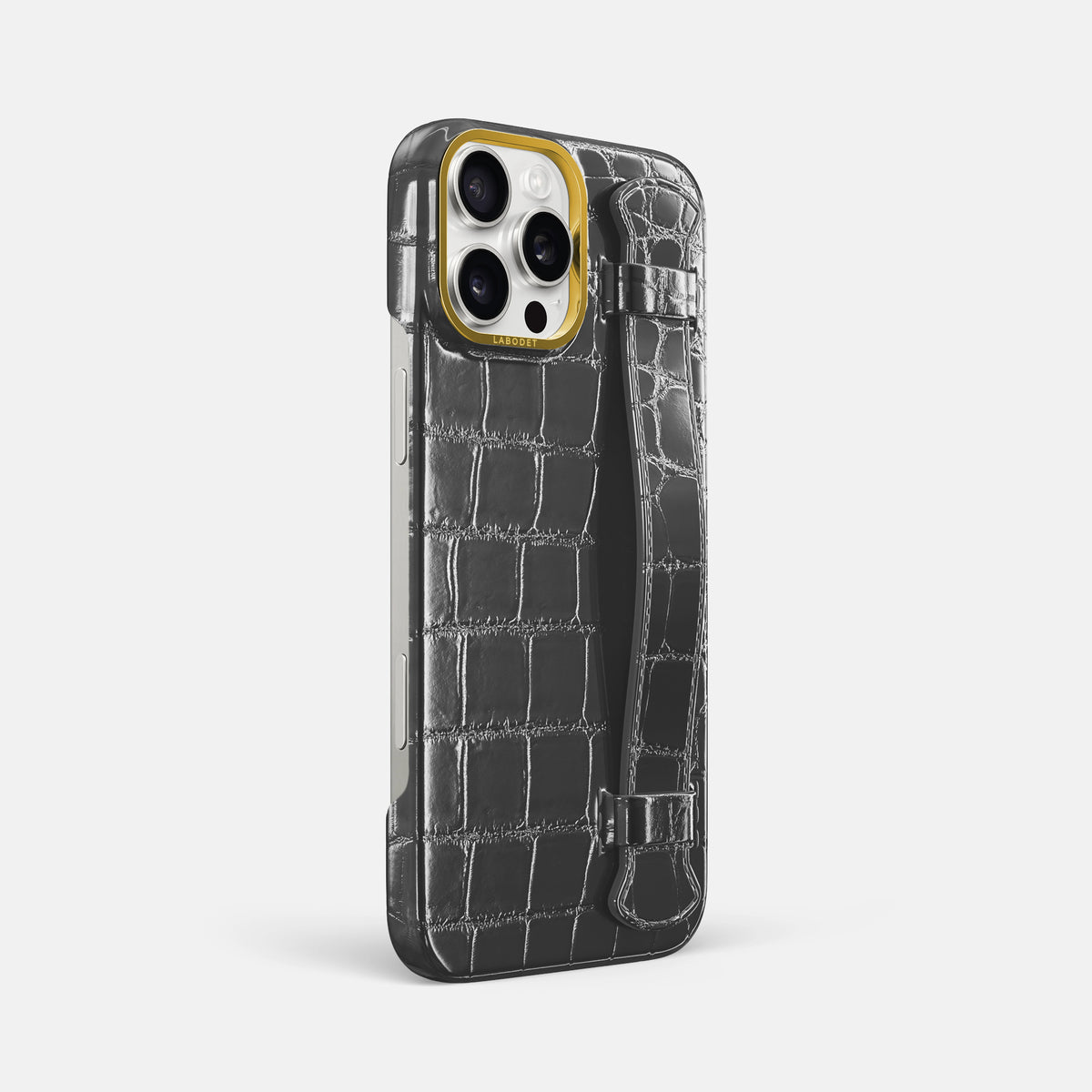 Grey iPhone 16 Pro Max Handle Case Patina Alligator with Gold Metal -2 | Grey-Gold