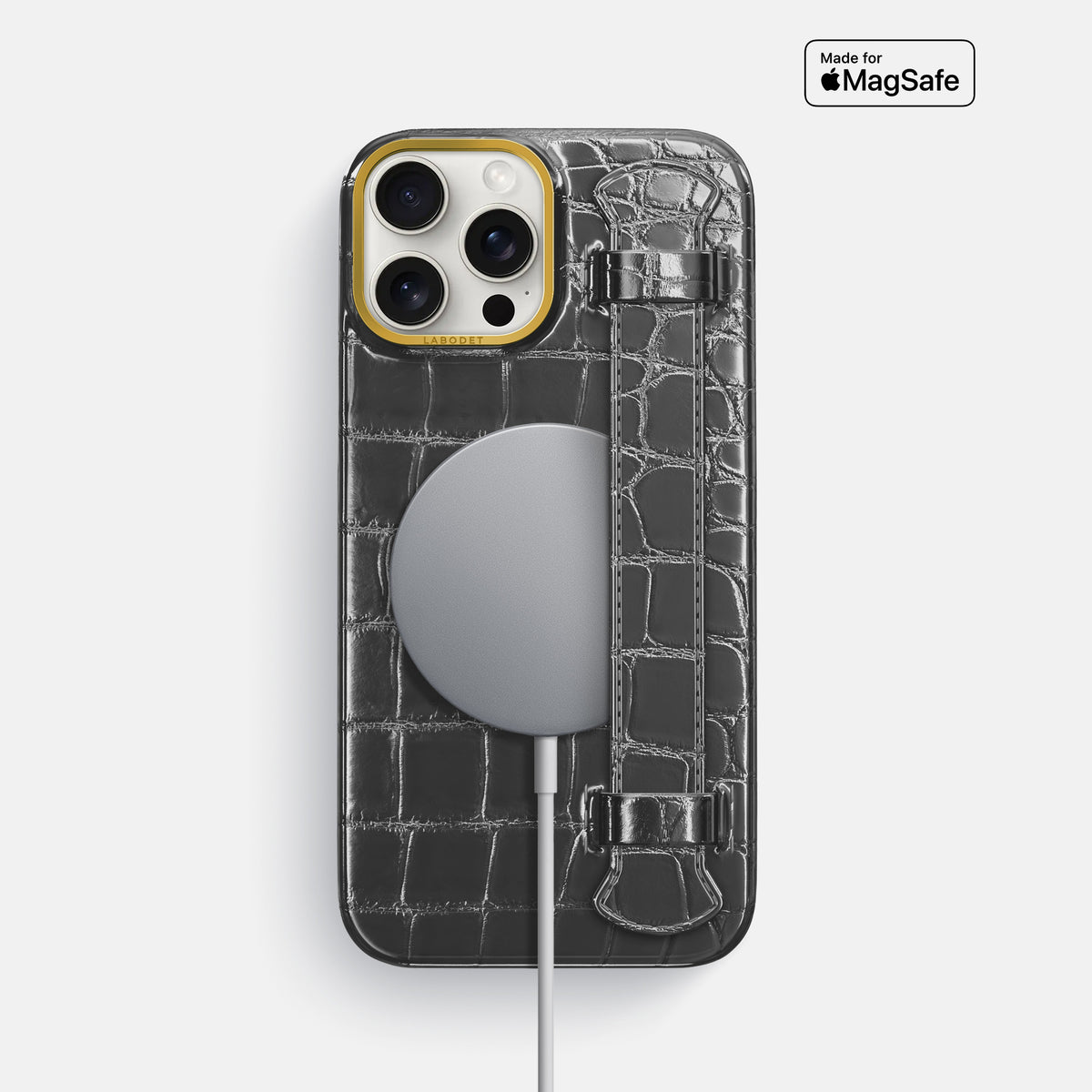 Grey iPhone 16 Pro Max Handle Case Patina Alligator with Gold Metal -5 | Grey-Gold