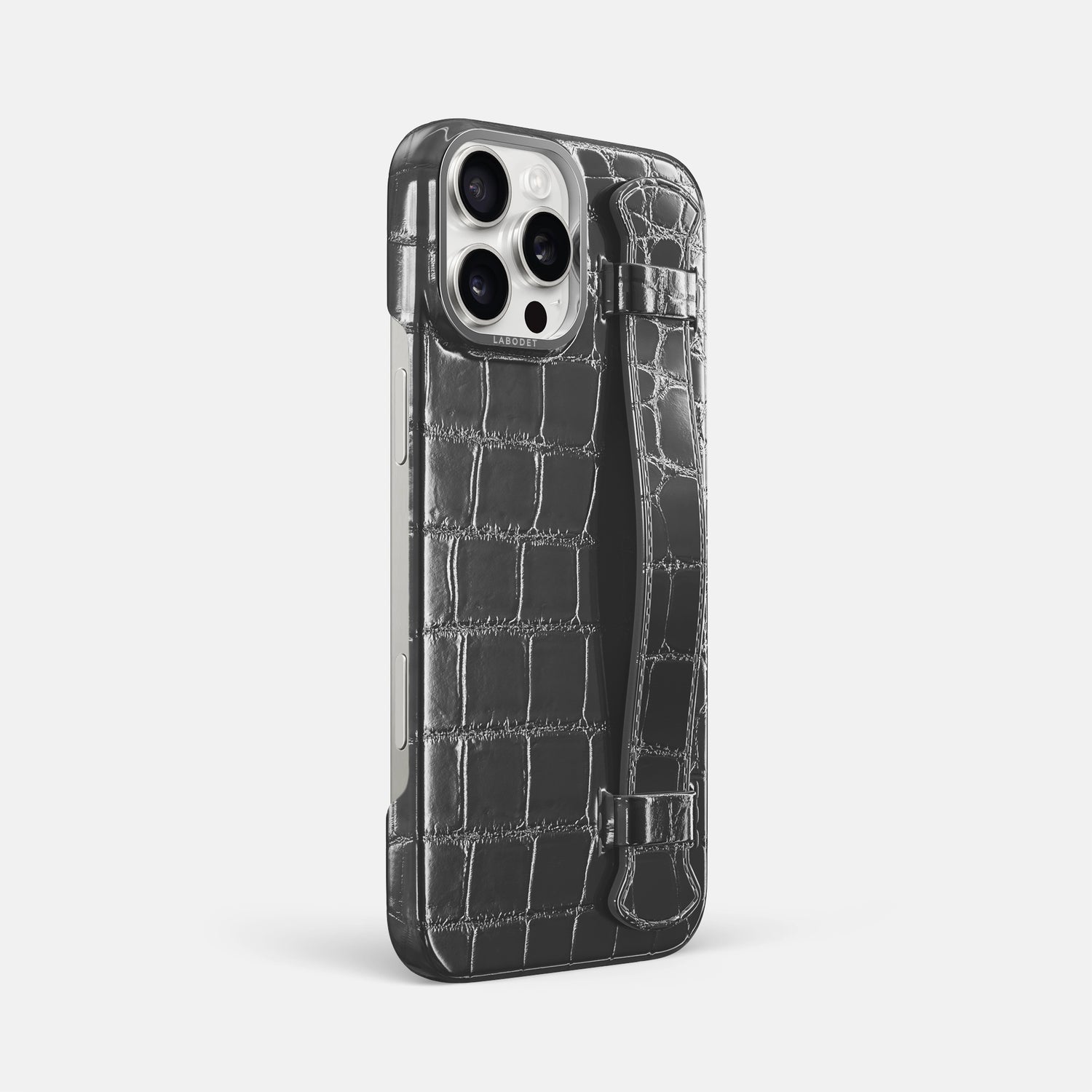 Grey iPhone 16 Pro Max Handle Case Patina Alligator with Steel Metal -2 | Grey-Steel