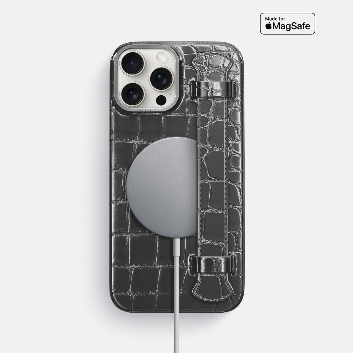 Grey iPhone 16 Pro Max Handle Case Patina Alligator with Steel Metal -5 | Grey-Steel