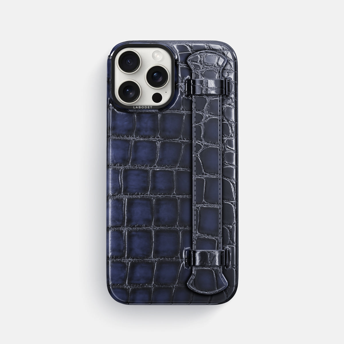 Havana-Blue iPhone 16 Pro Max Handle Case Patina Alligator with Black Metal -1 | Havana-Blue-Black