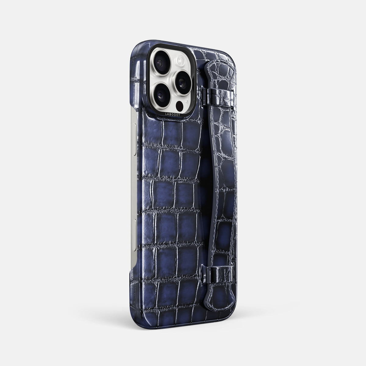 Havana-Blue iPhone 16 Pro Max Handle Case Patina Alligator with Black Metal -2 | Havana-Blue-Black