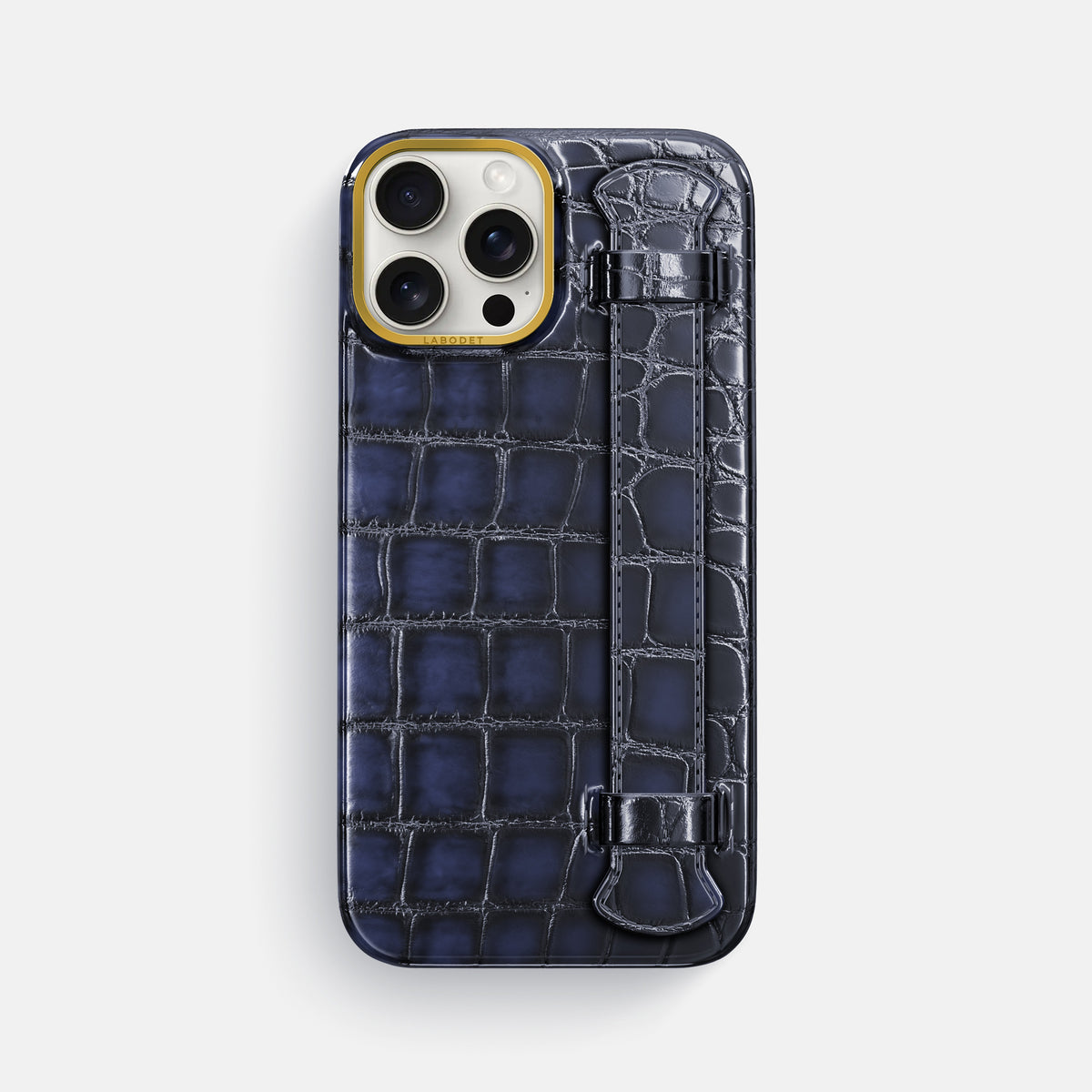 Havana-Blue iPhone 16 Pro Max Handle Case Patina Alligator with Gold Metal -1 | Havana-Blue-Gold