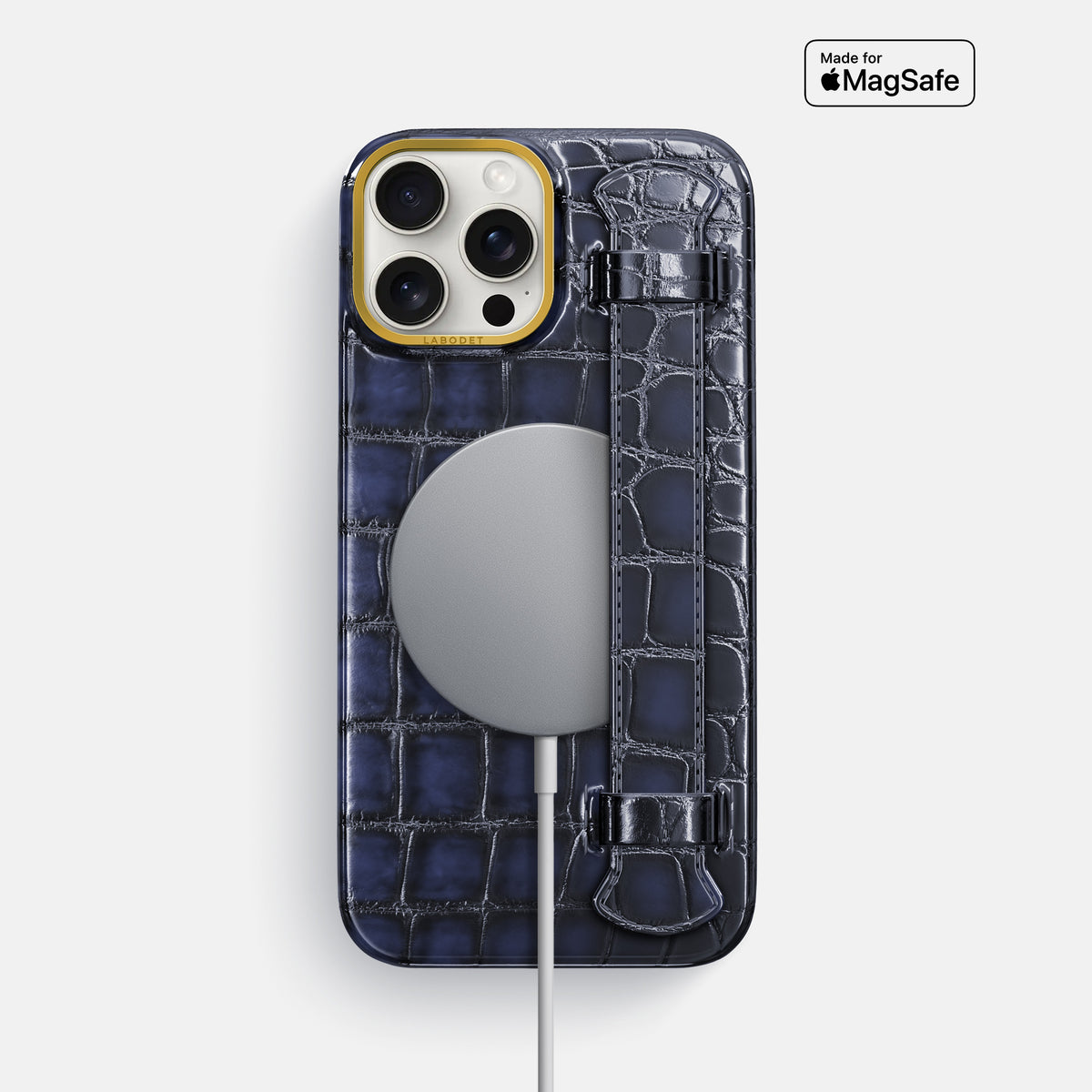 Havana-Blue iPhone 16 Pro Max Handle Case Patina Alligator with Gold Metal -5 | Havana-Blue-Gold