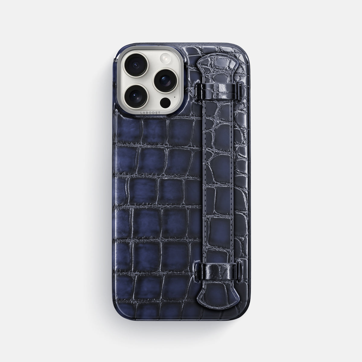 Havana-Blue iPhone 16 Pro Max Handle Case Patina Alligator with Steel Metal -1 | Havana-Blue-Steel