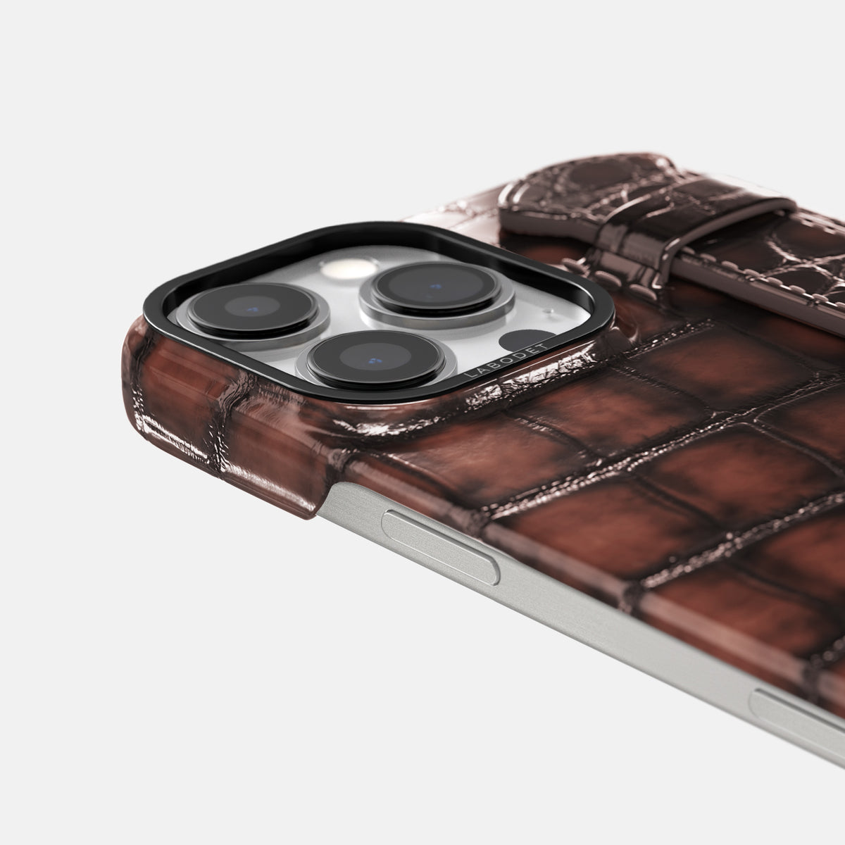 Havana-Brown iPhone 16 Pro Max Handle Case Patina Alligator with Black Metal -6 | Havana-Brown-Black