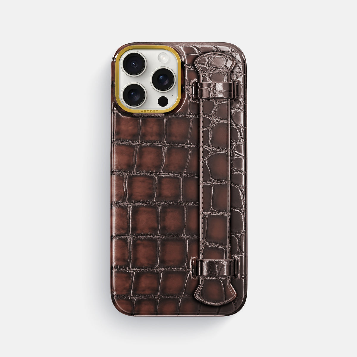 Havana-Brown iPhone 16 Pro Max Handle Case Patina Alligator with Gold Metal -1 | Havana-Brown-Gold