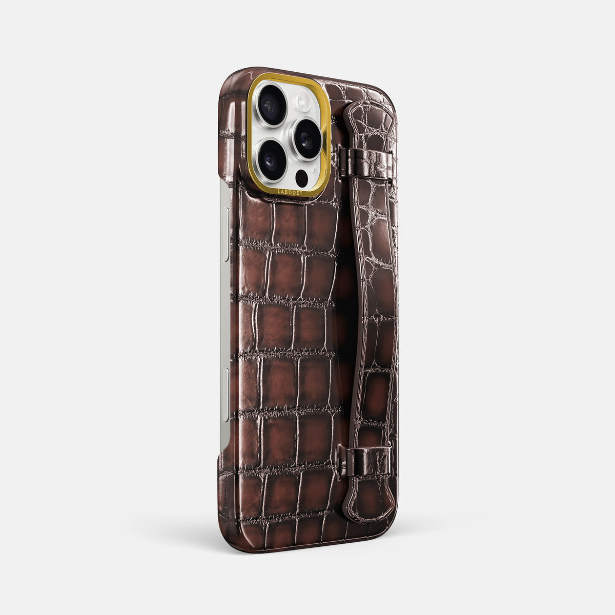 Havana-Brown iPhone 16 Pro Max Handle Case Patina Alligator with Gold Metal -2 | Havana-Brown-Gold