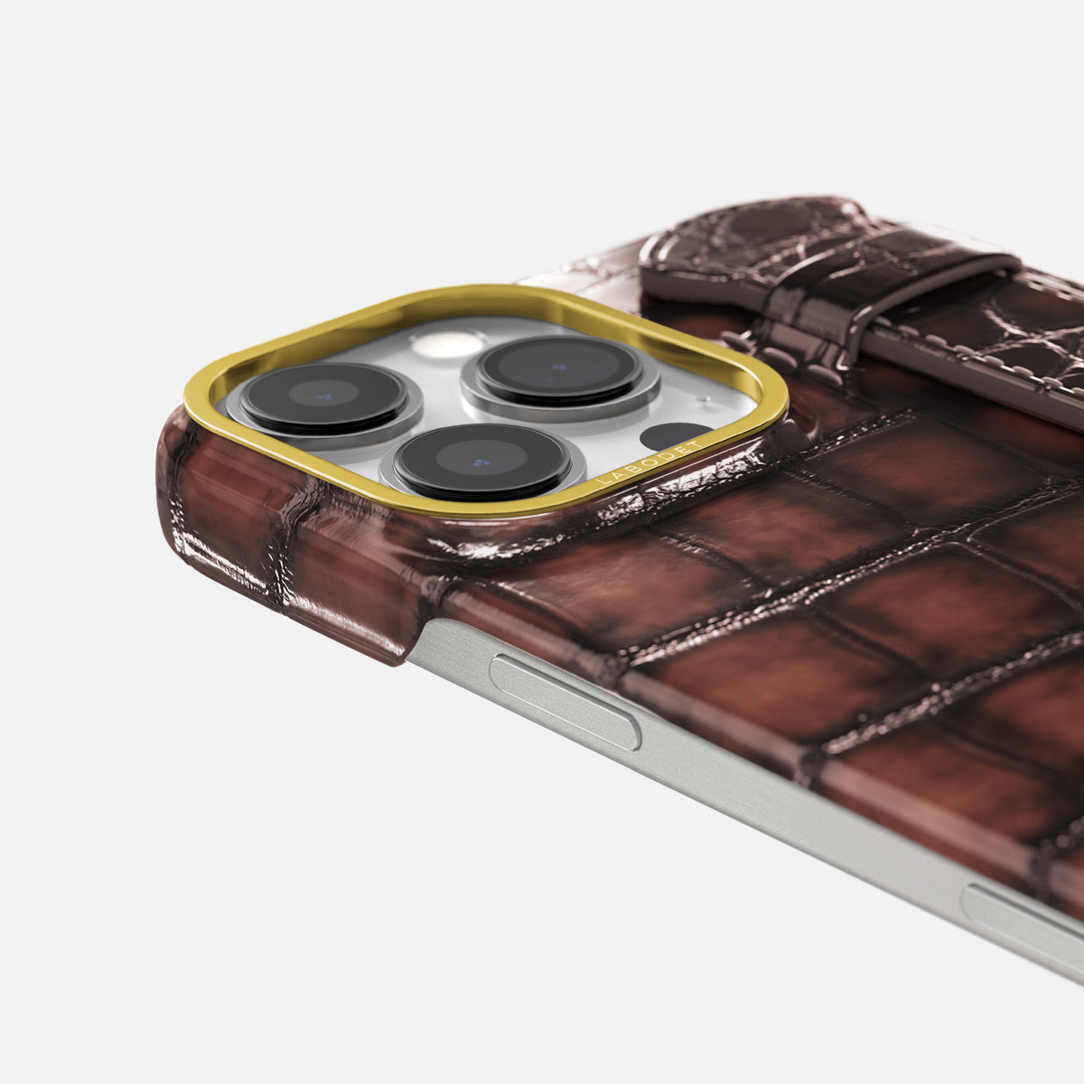 Havana-Brown iPhone 16 Pro Max Handle Case Patina Alligator with Gold Metal -6 | Havana-Brown-Gold