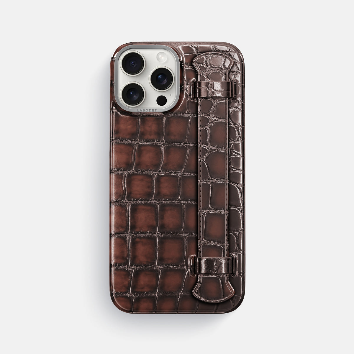 Havana-Brown iPhone 16 Pro Max Handle Case Patina Alligator with Steel Metal -1 | Havana-Brown-Steel