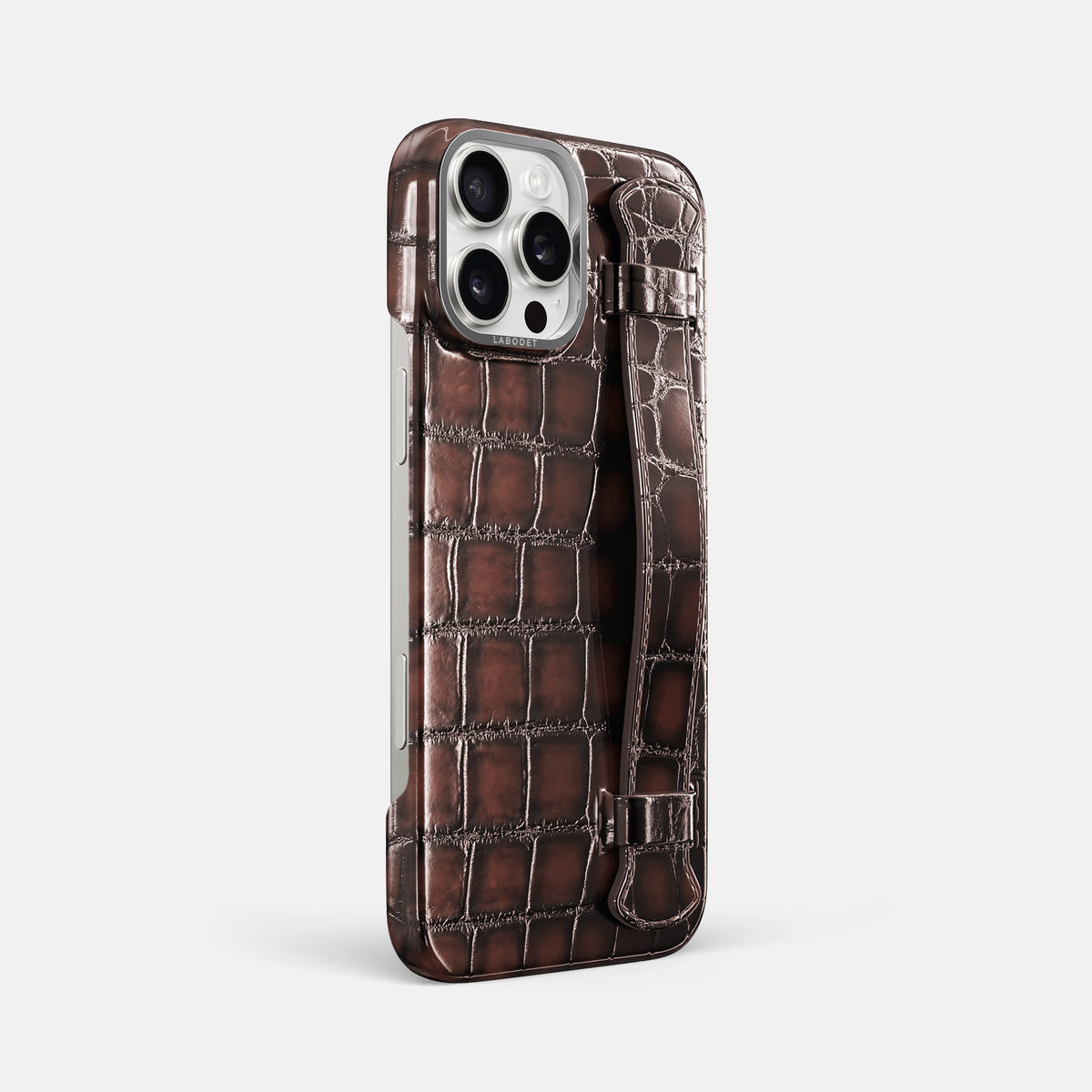 Havana-Brown iPhone 16 Pro Max Handle Case Patina Alligator with Steel Metal -2 | Havana-Brown-Steel