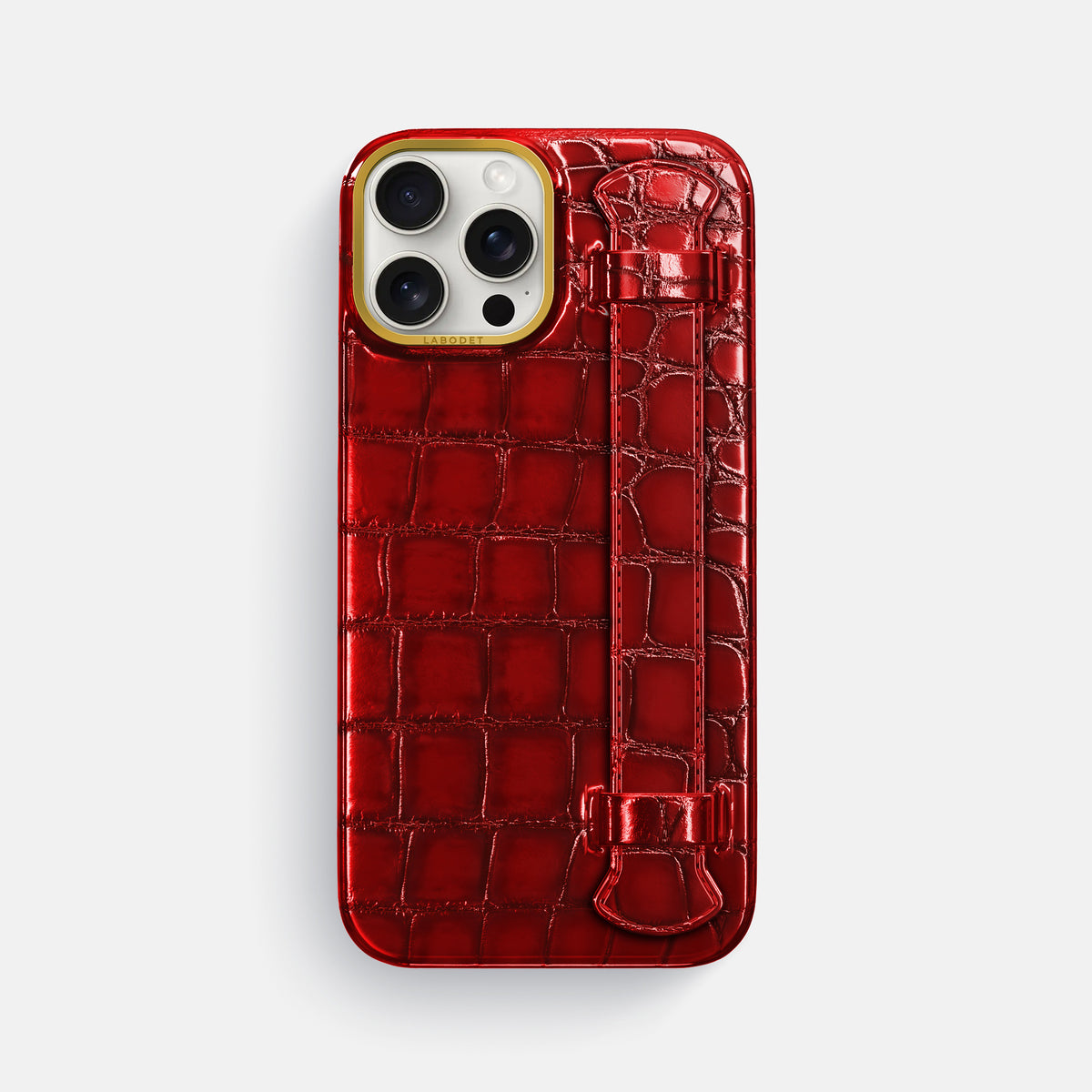 Burgundy iPhone 16 Pro Max Handle Case Patina Alligator with Gold Metal -1 | Burgundy-Gold