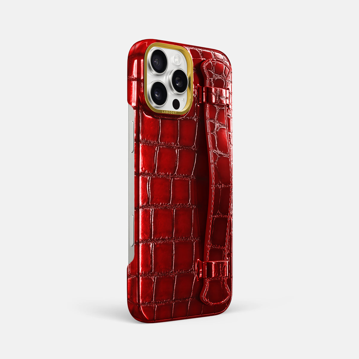 Burgundy iPhone 16 Pro Max Handle Case Patina Alligator with Gold Metal -2 | Burgundy-Gold