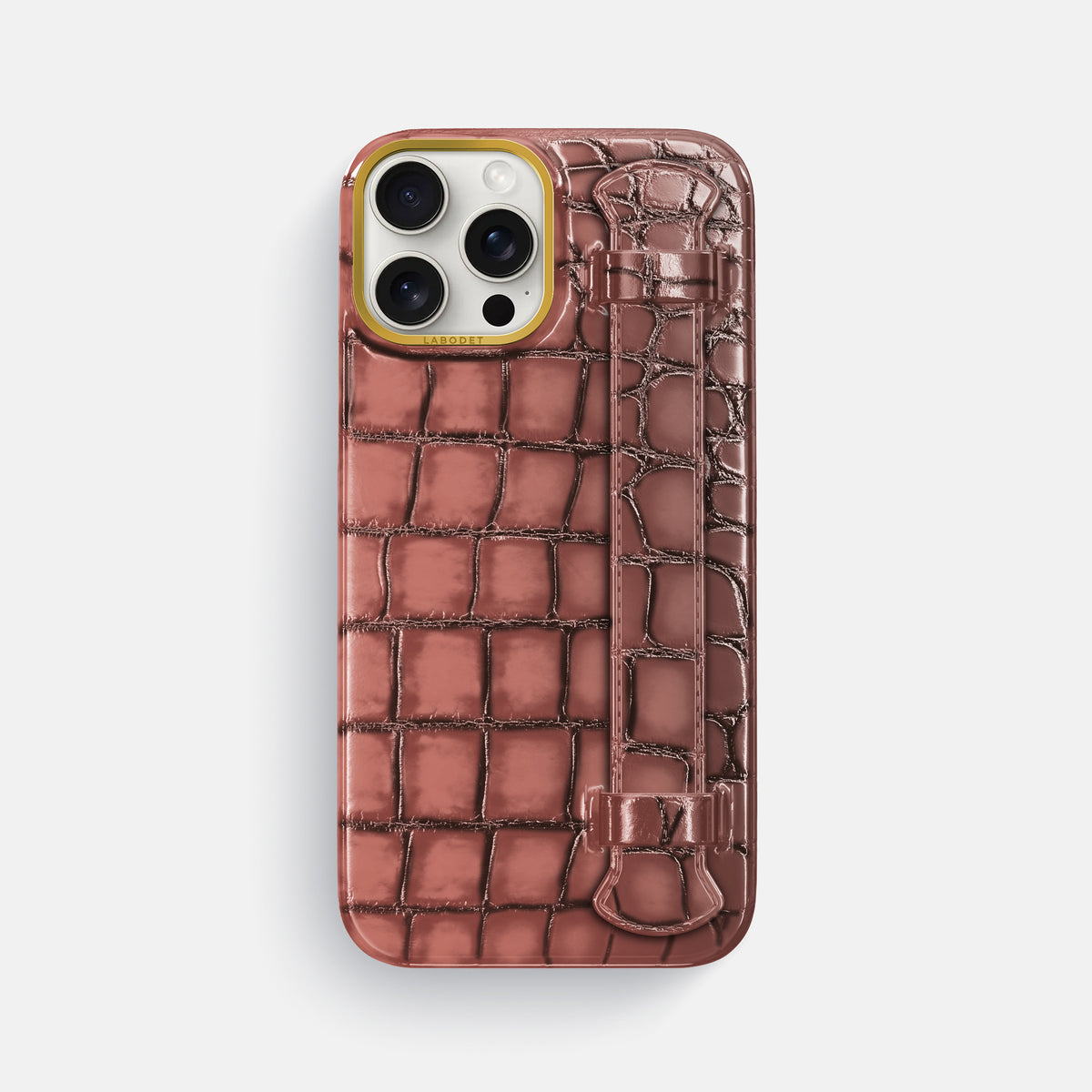 Wine-Sediment iPhone 16 Pro Max Handle Case Patina Alligator with Gold Metal -1 | Wine-Sediment-Gold