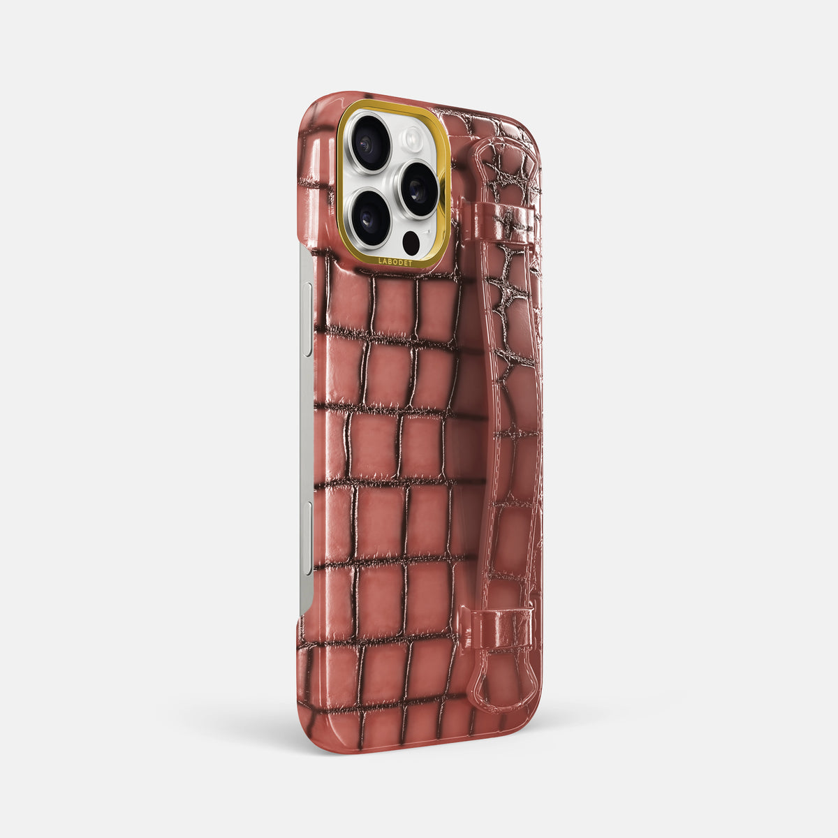 Wine-Sediment iPhone 16 Pro Max Handle Case Patina Alligator with Gold Metal -2 | Wine-Sediment-Gold