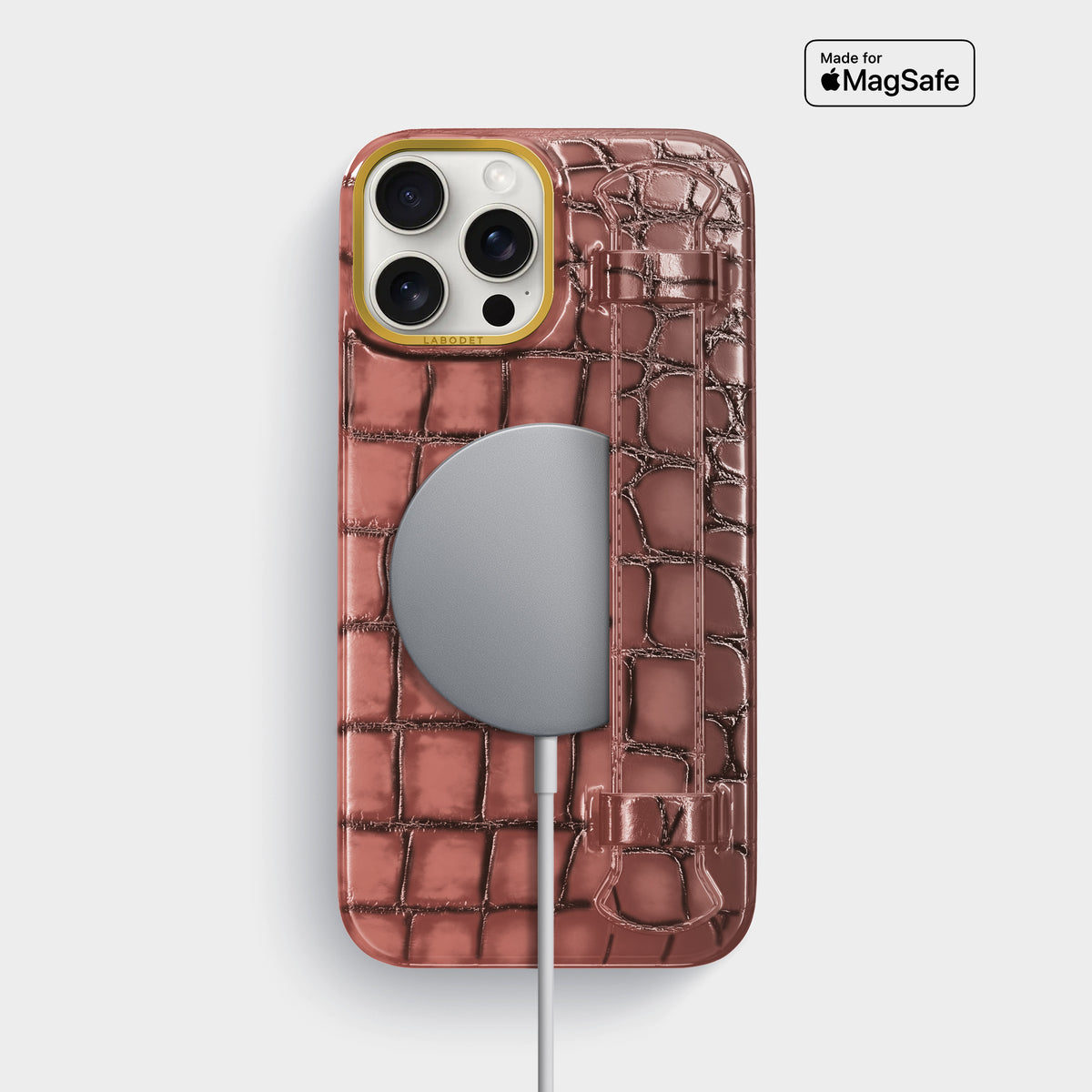 Wine-Sediment iPhone 16 Pro Max Handle Case Patina Alligator with Gold Metal -5 | Wine-Sediment-Gold