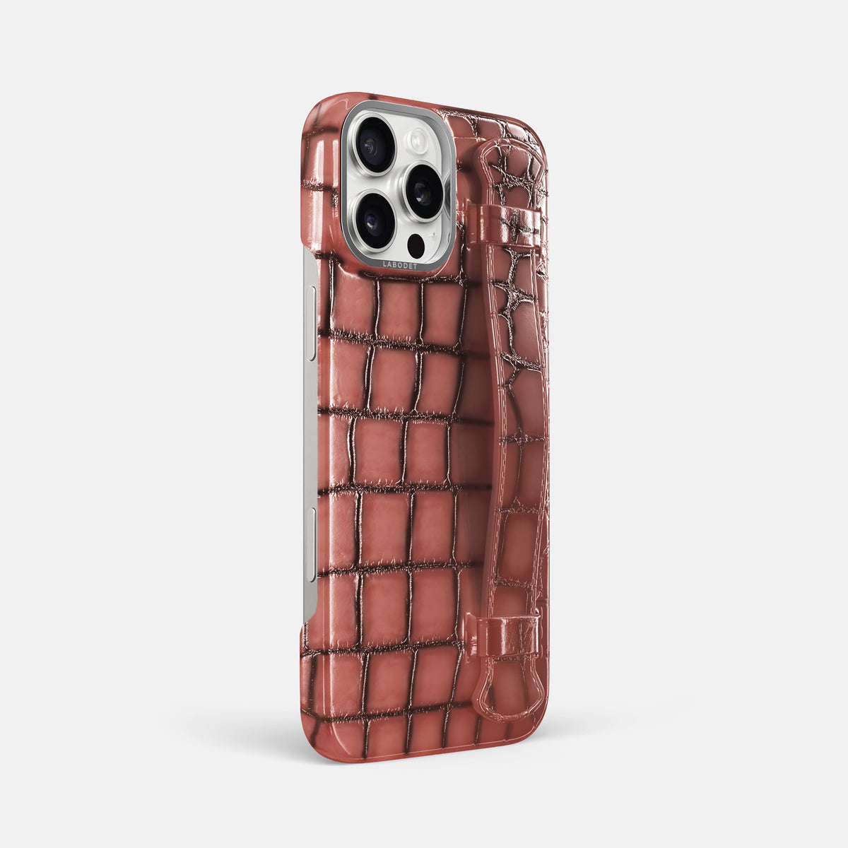 Wine-Sediment iPhone 16 Pro Max Handle Case Patina Alligator with Steel Metal -2 | Wine-Sediment-Steel