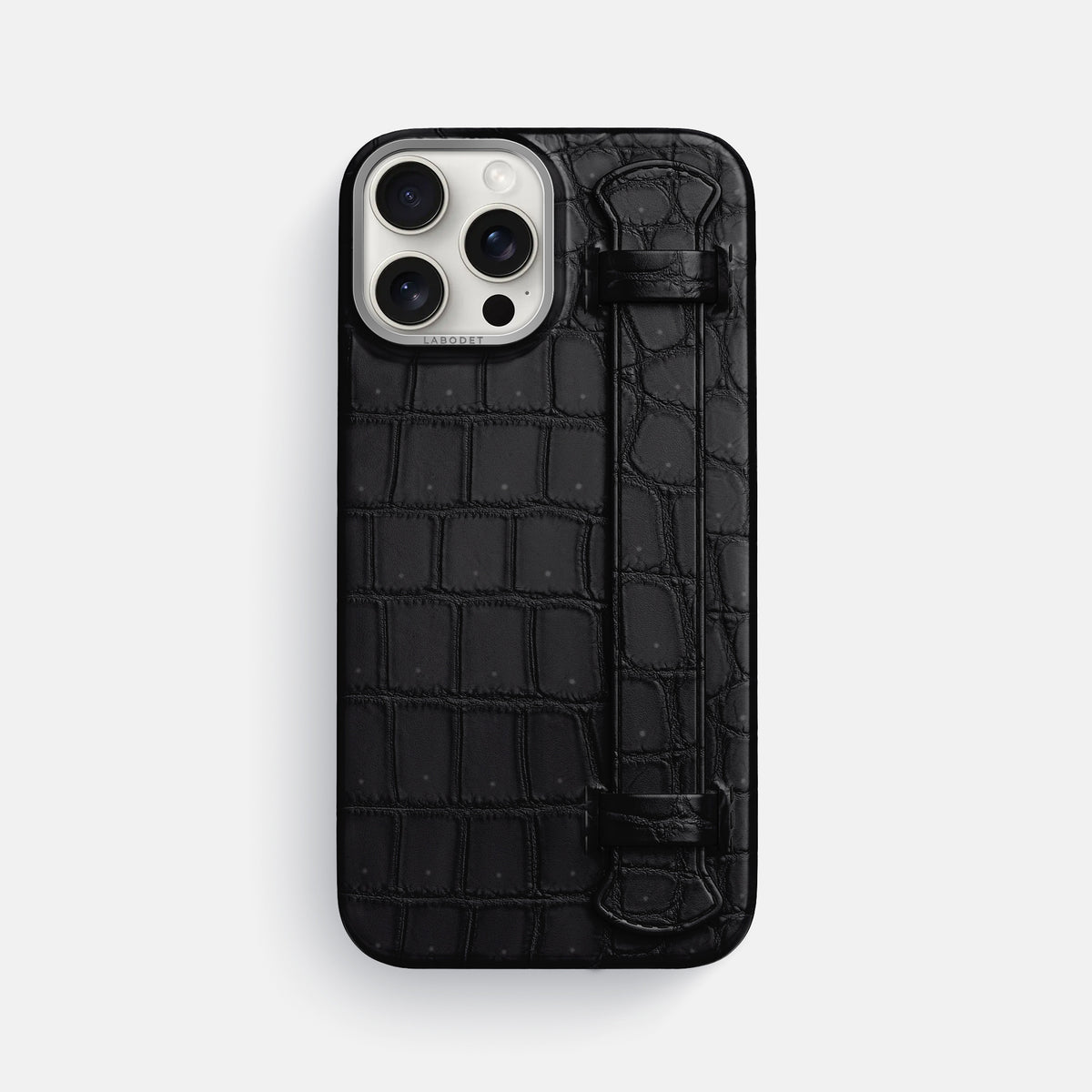 Black iPhone 16 Pro Max Handle Case Porosus Crocodile with Steel Metal -1 | Black-Steel