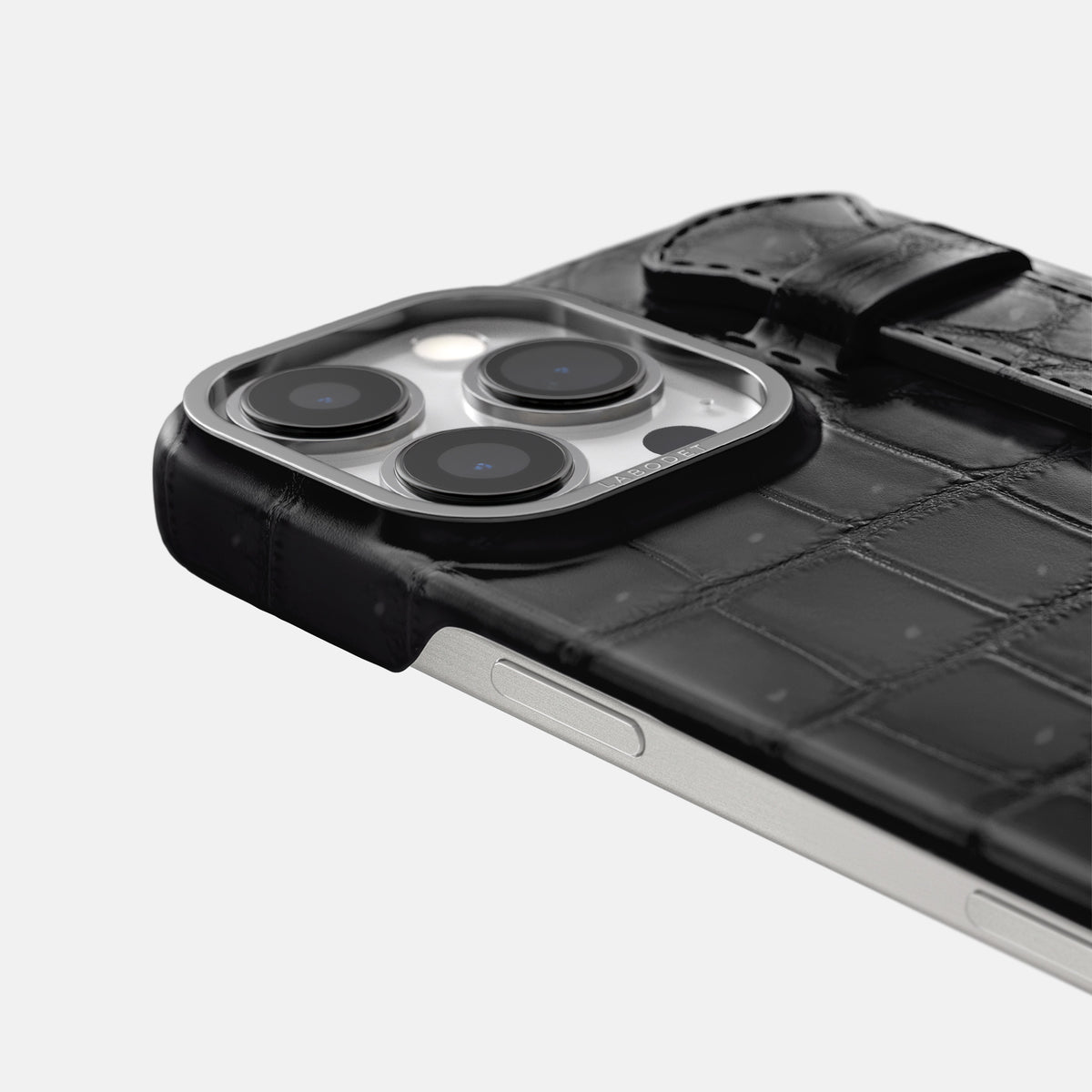 Black iPhone 16 Pro Max Handle Case Porosus Crocodile with Steel Metal -6 | Black-Steel