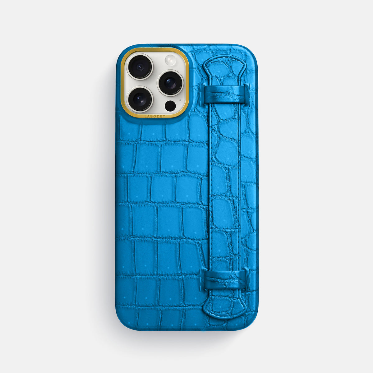 Blue-Lagoon iPhone 16 Pro Max Handle Case Porosus Crocodile with Gold Metal -1 | Blue-Lagoon-Gold