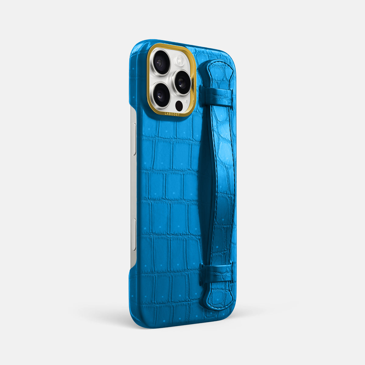 Blue-Lagoon iPhone 16 Pro Max Handle Case Porosus Crocodile with Gold Metal -2 | Blue-Lagoon-Gold