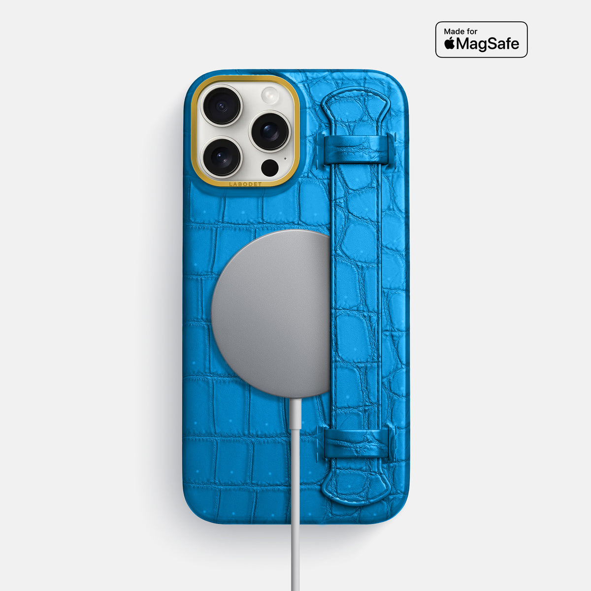 Blue-Lagoon iPhone 16 Pro Max Handle Case Porosus Crocodile with Gold Metal -5 | Blue-Lagoon-Gold