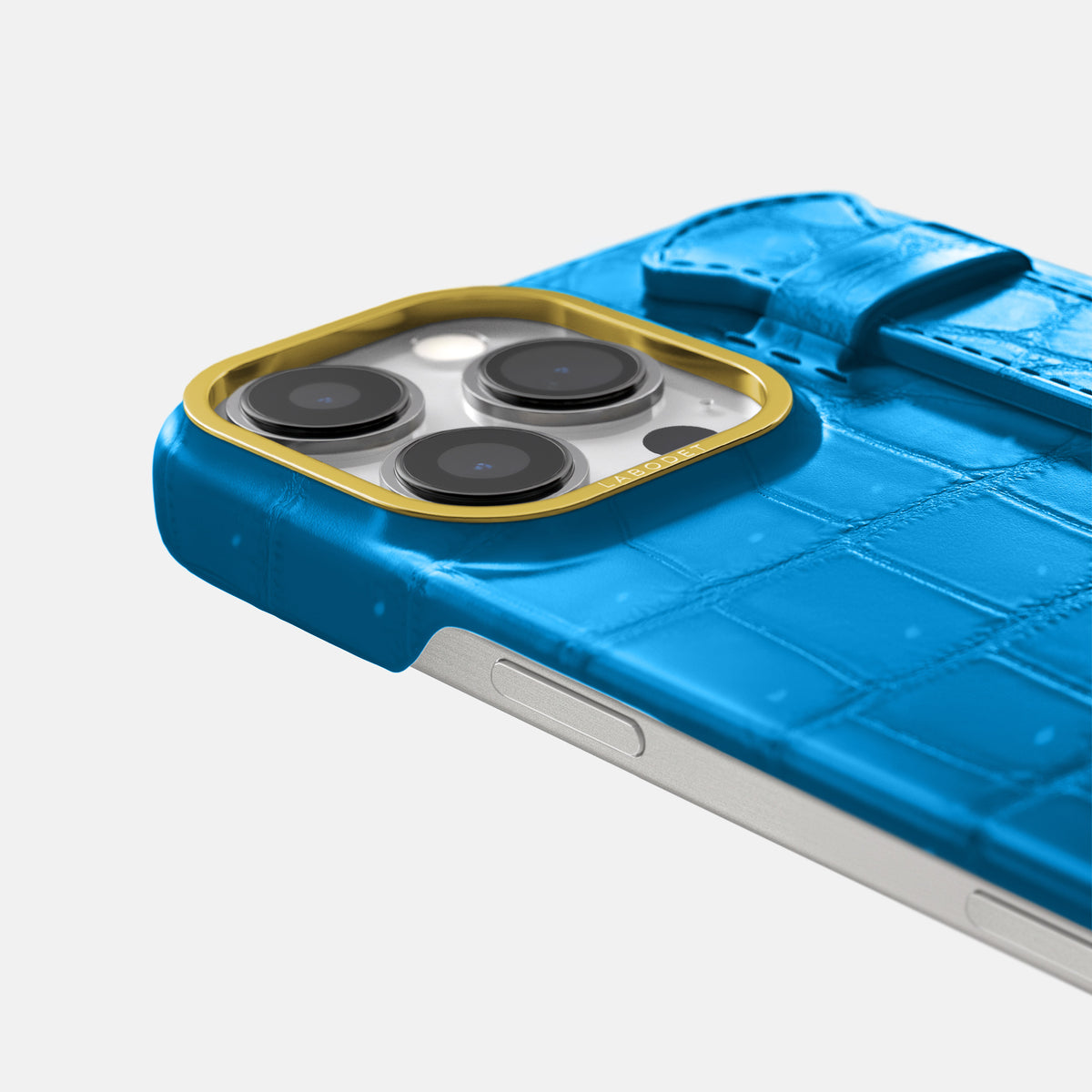 Blue-Lagoon iPhone 16 Pro Max Handle Case Porosus Crocodile with Gold Metal -6 | Blue-Lagoon-Gold