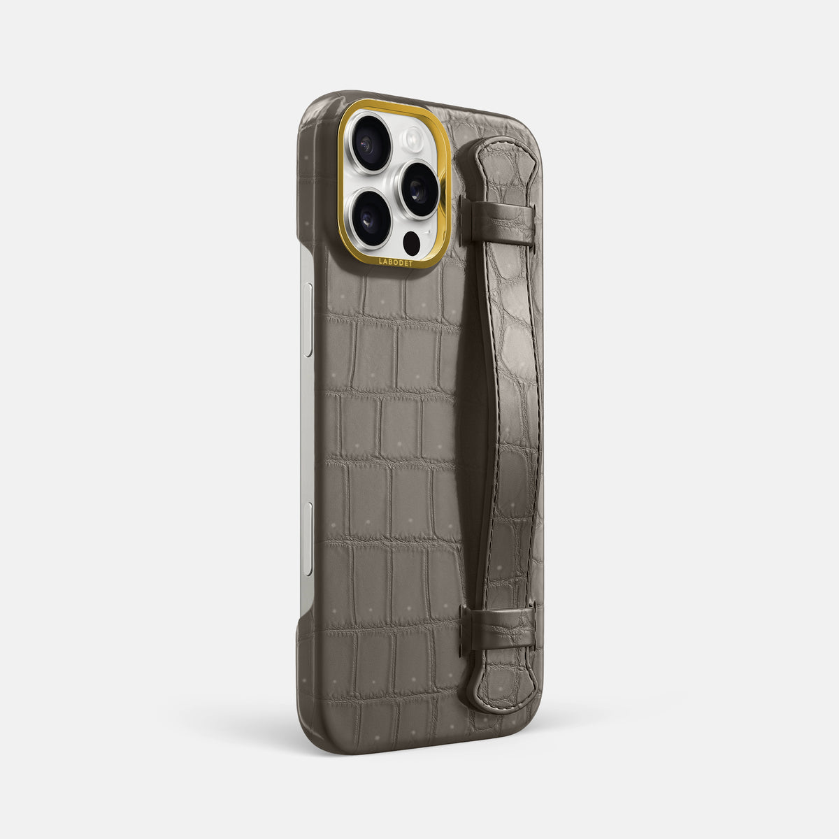 Lava-Stone iPhone 16 Pro Max Handle Case Porosus Crocodile with Gold Metal -2 | Lava-Stone-Gold